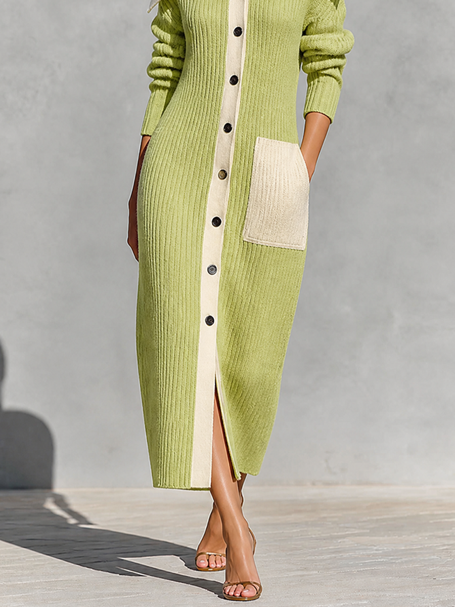 Women's Off-Shoulder Color-Block Ribbed Knit Button-Up Maxi Sweater Dress