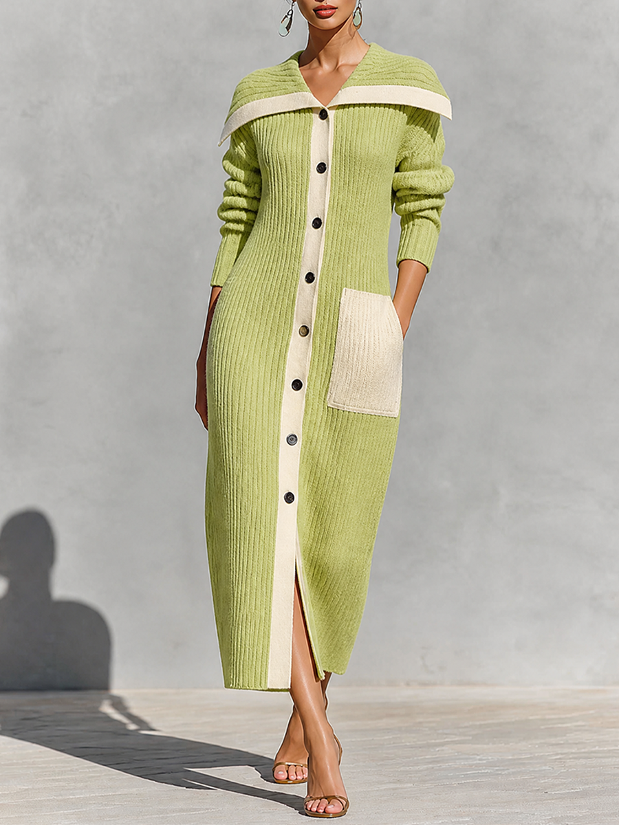 Women's Off-Shoulder Color-Block Ribbed Knit Button-Up Maxi Sweater Dress