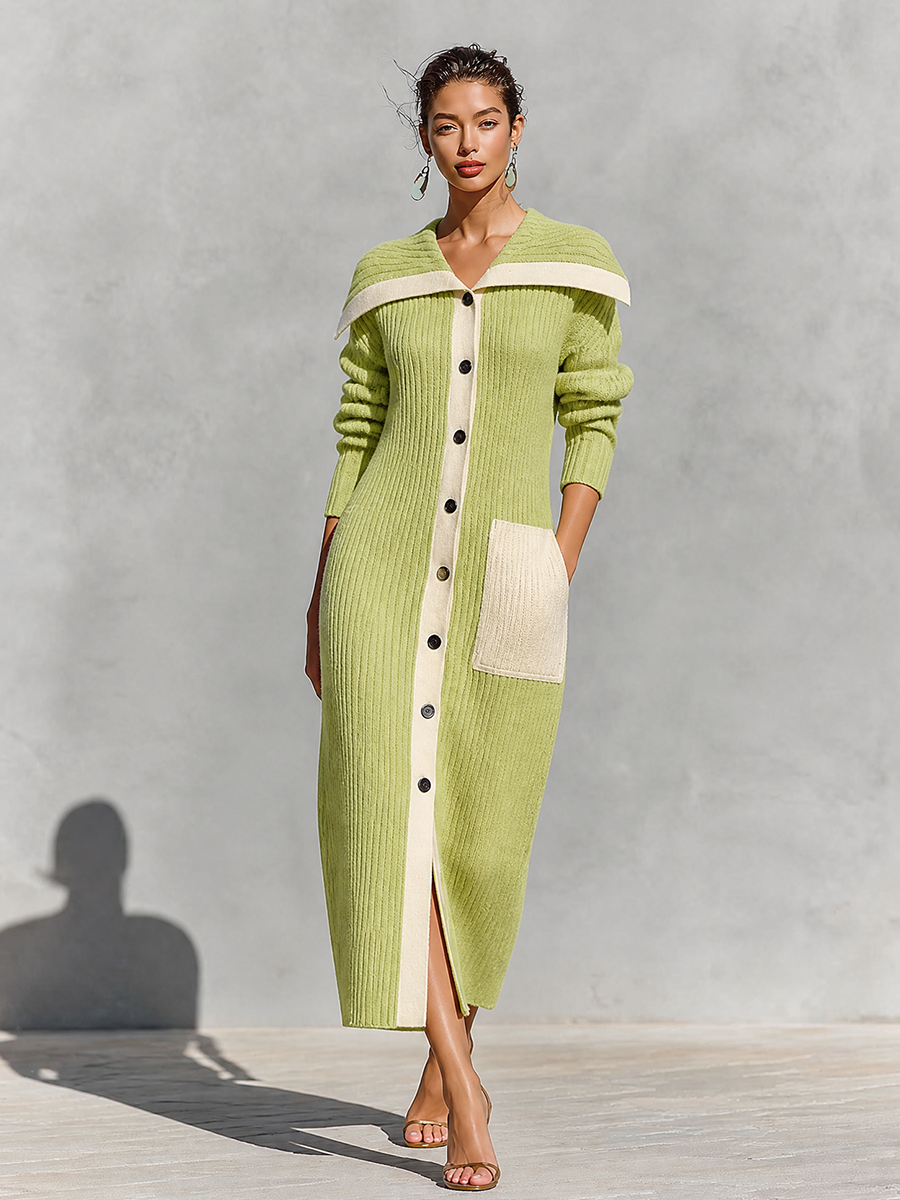 Women's Off-Shoulder Color-Block Ribbed Knit Button-Up Maxi Sweater Dress