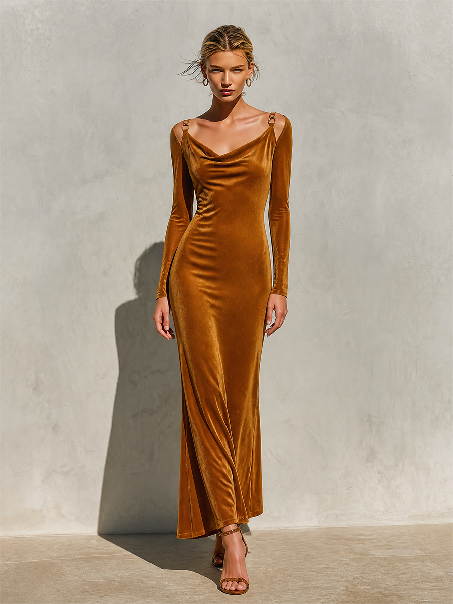 Women's Cowl Neck Cold Shoulder Velvet Maxi Dress with Chain Straps