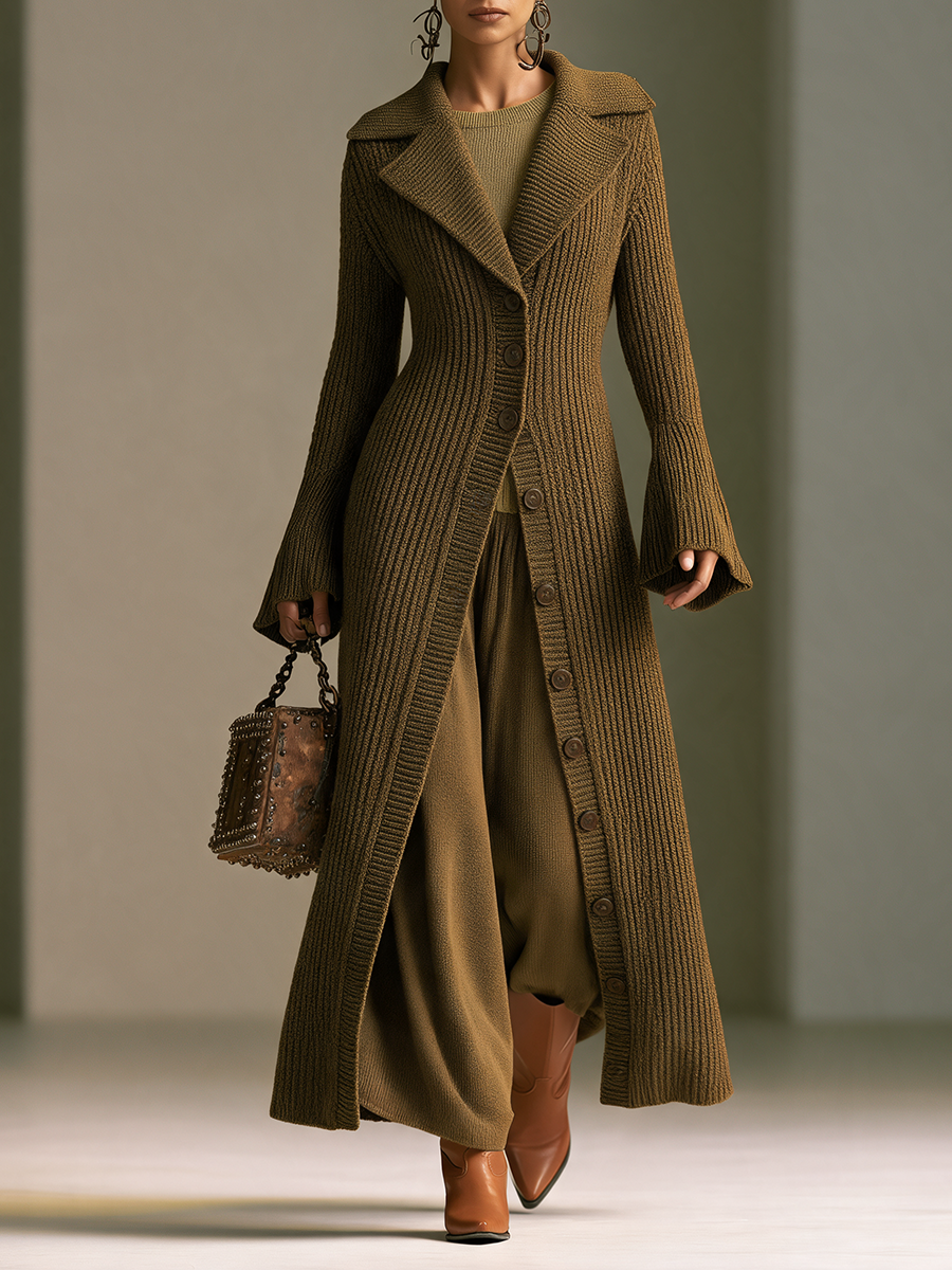 Women's Large Knit Lapel Vertical‑Rib Waist‑Fitted Flare‑Sleeve Long Knit Coat