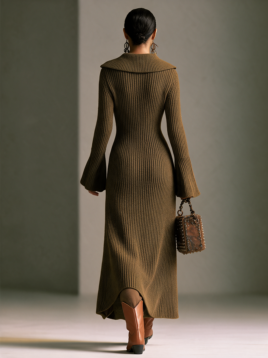 Women's Large Knit Lapel Vertical‑Rib Waist‑Fitted Flare‑Sleeve Long Knit Coat