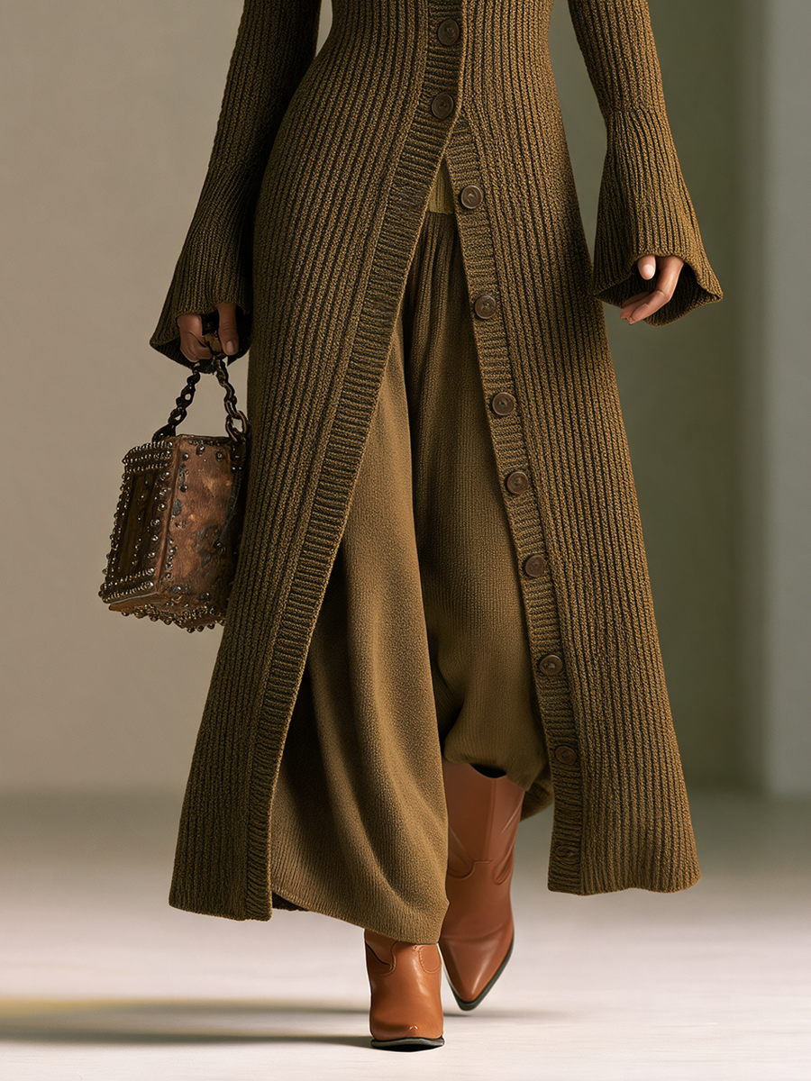 Women's Large Knit Lapel Vertical‑Rib Waist‑Fitted Flare‑Sleeve Long Knit Coat