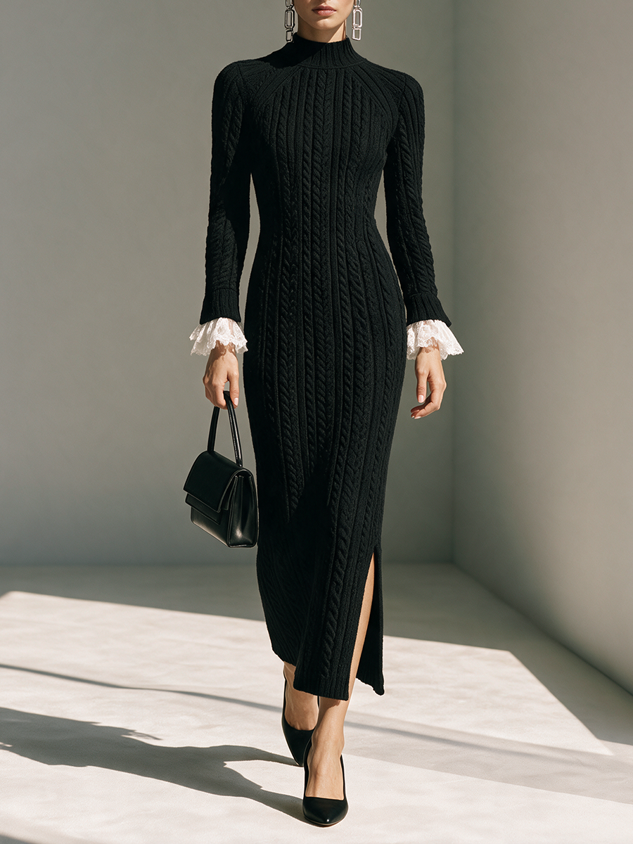 Women's Mock‑Neck Cable‑Knit  With Lace Cuffs & Side Slit Maxi Dress