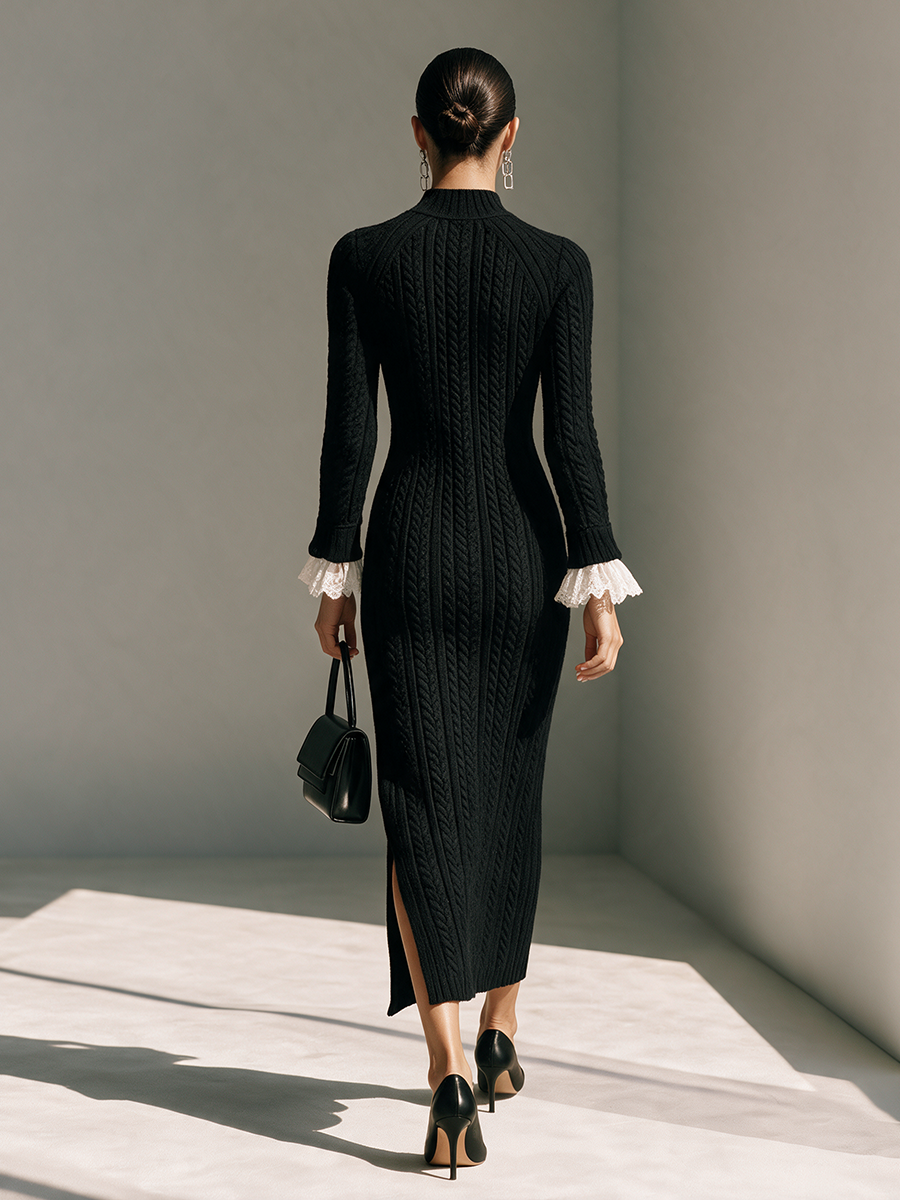 Women's Mock‑Neck Cable‑Knit  With Lace Cuffs & Side Slit Maxi Dress