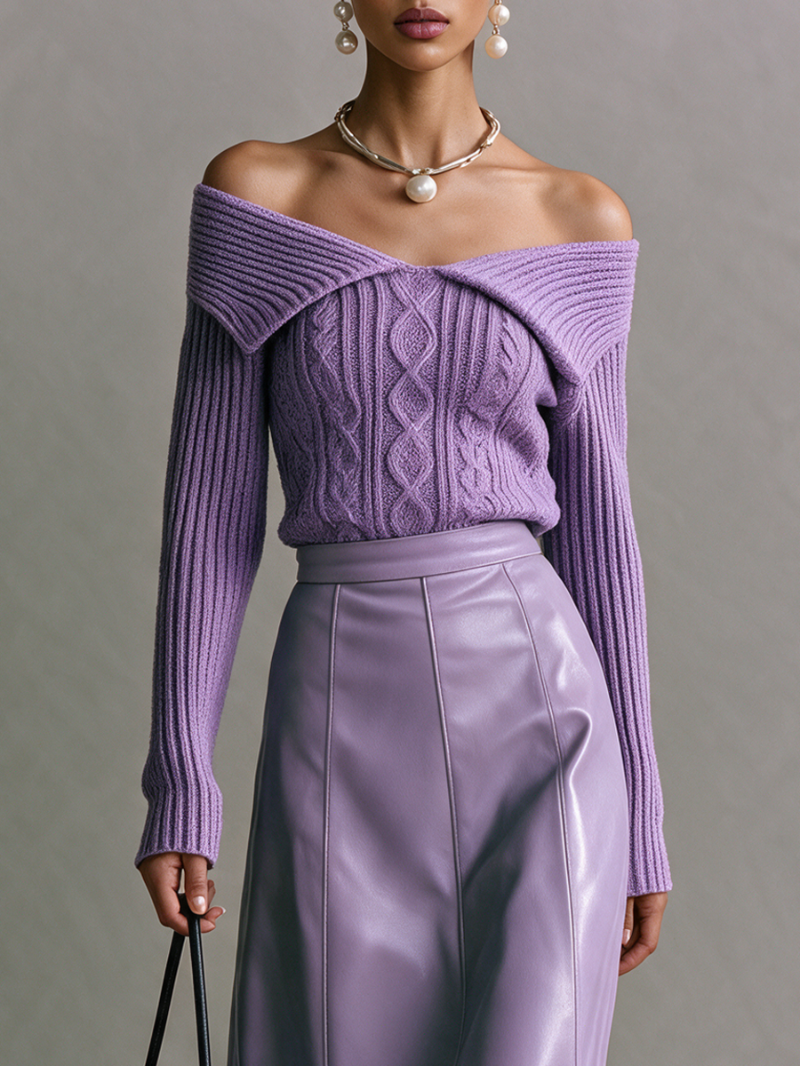 Women's Off-Shoulder Foldover Cable-Knit Long-Sleeve Top