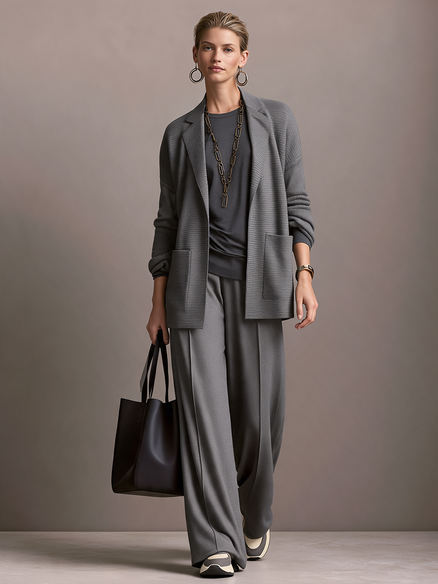 Women's Peak-Lapel Drop-Shoulder Patch-Pocket Open-Front Wool-Knit Cardigan