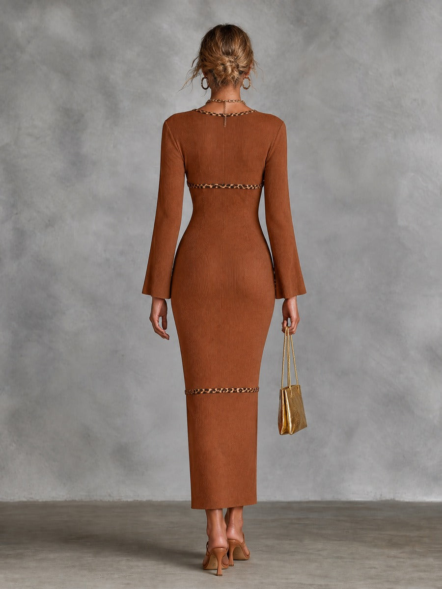 Women's Leopard Trim Ribbed Knit Bodycon Maxi Dress