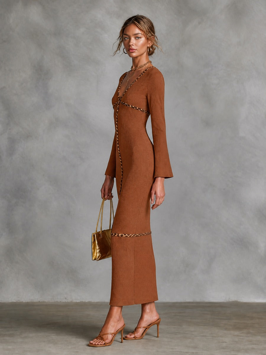 Women's Leopard Trim Ribbed Knit Bodycon Maxi Dress