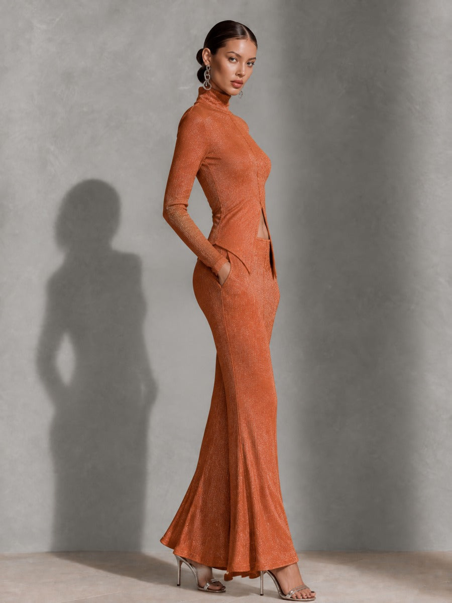 Women's Metallic Shimmer Cutout Mock Neck Crop Top & Maxi Skirt Set