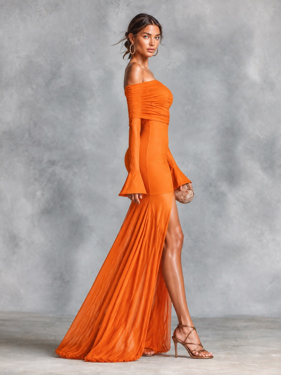 Women's Off-Shoulder Ruched Bell Sleeve Maxi Dress with Thigh Slit
