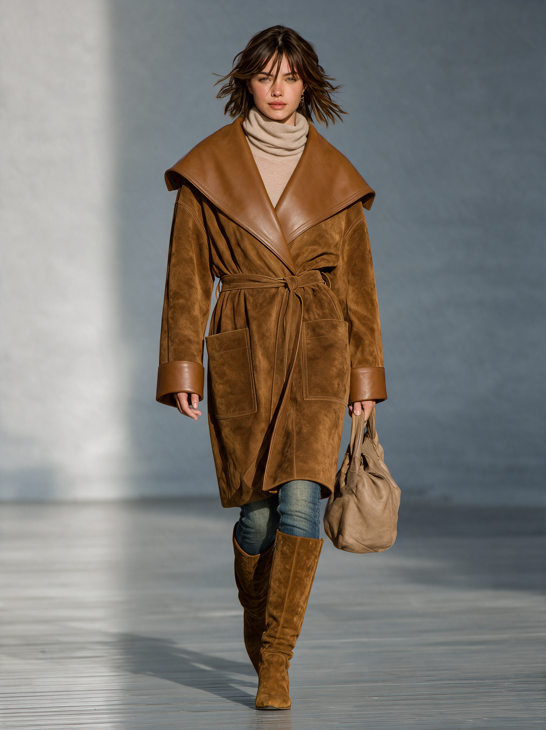 Women's Vintage-style Suede Coat With Leather-look Lapel And Paneling