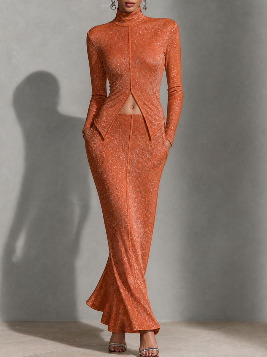 Women's Metallic Shimmer Cutout Mock Neck Crop Top & Maxi Skirt Set