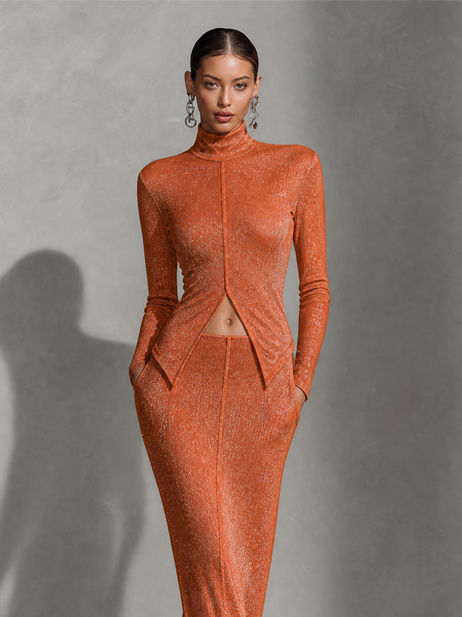Women's Metallic Shimmer Cutout Mock Neck Crop Top & Maxi Skirt Set