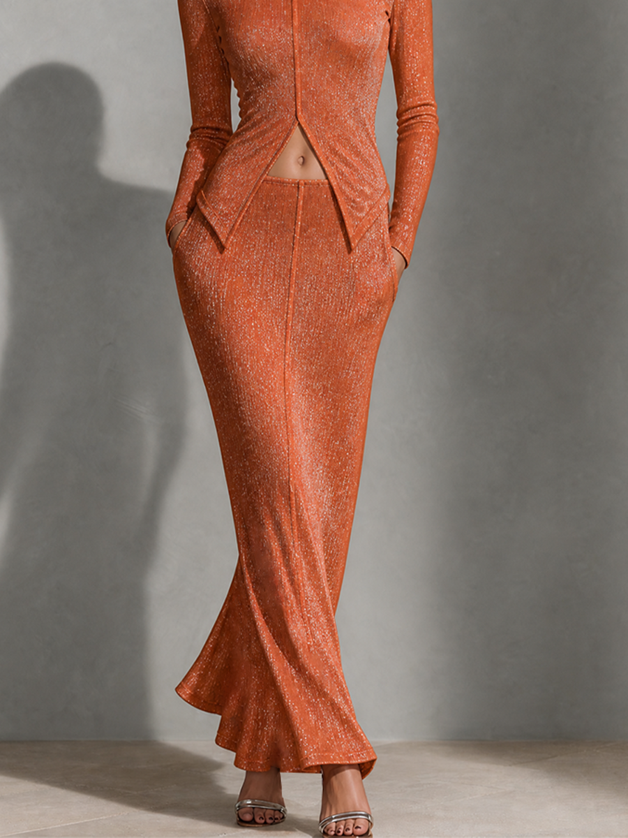 Women's Metallic Shimmer Cutout Mock Neck Crop Top & Maxi Skirt Set