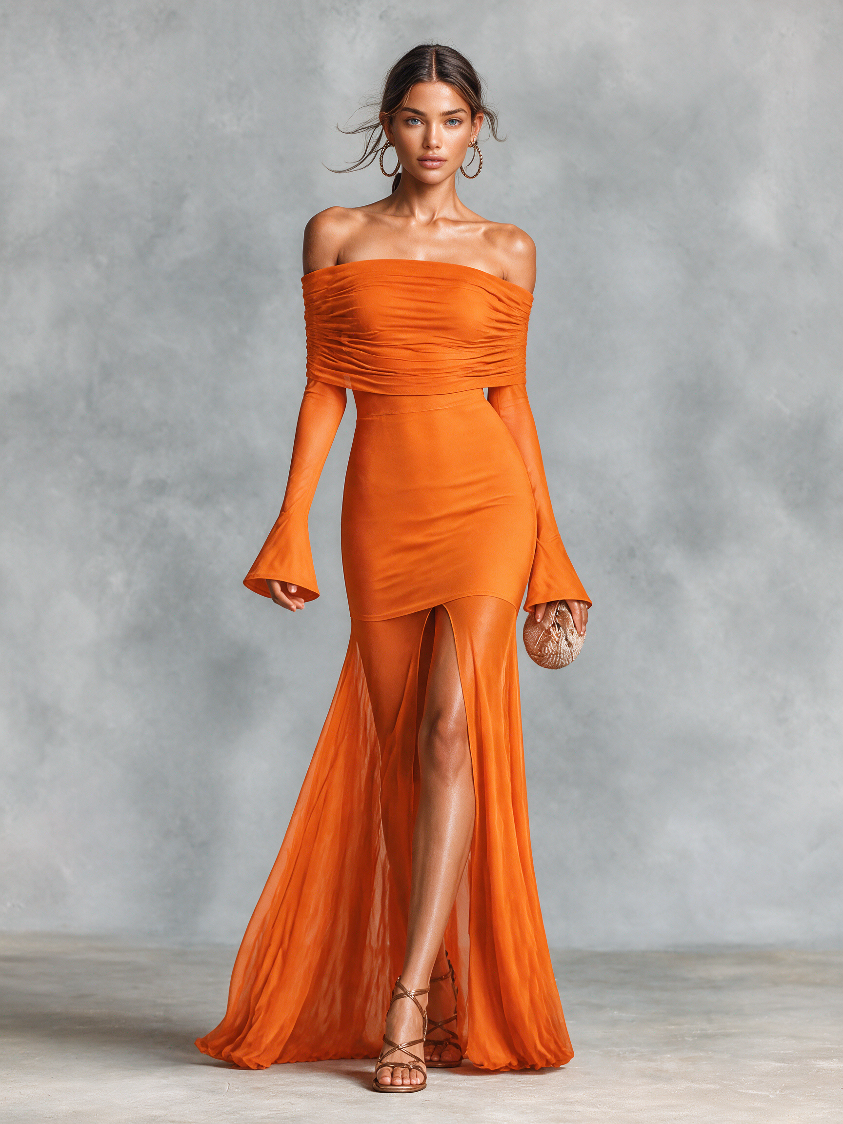 Women's Off-Shoulder Ruched Bell Sleeve Maxi Dress with Thigh Slit