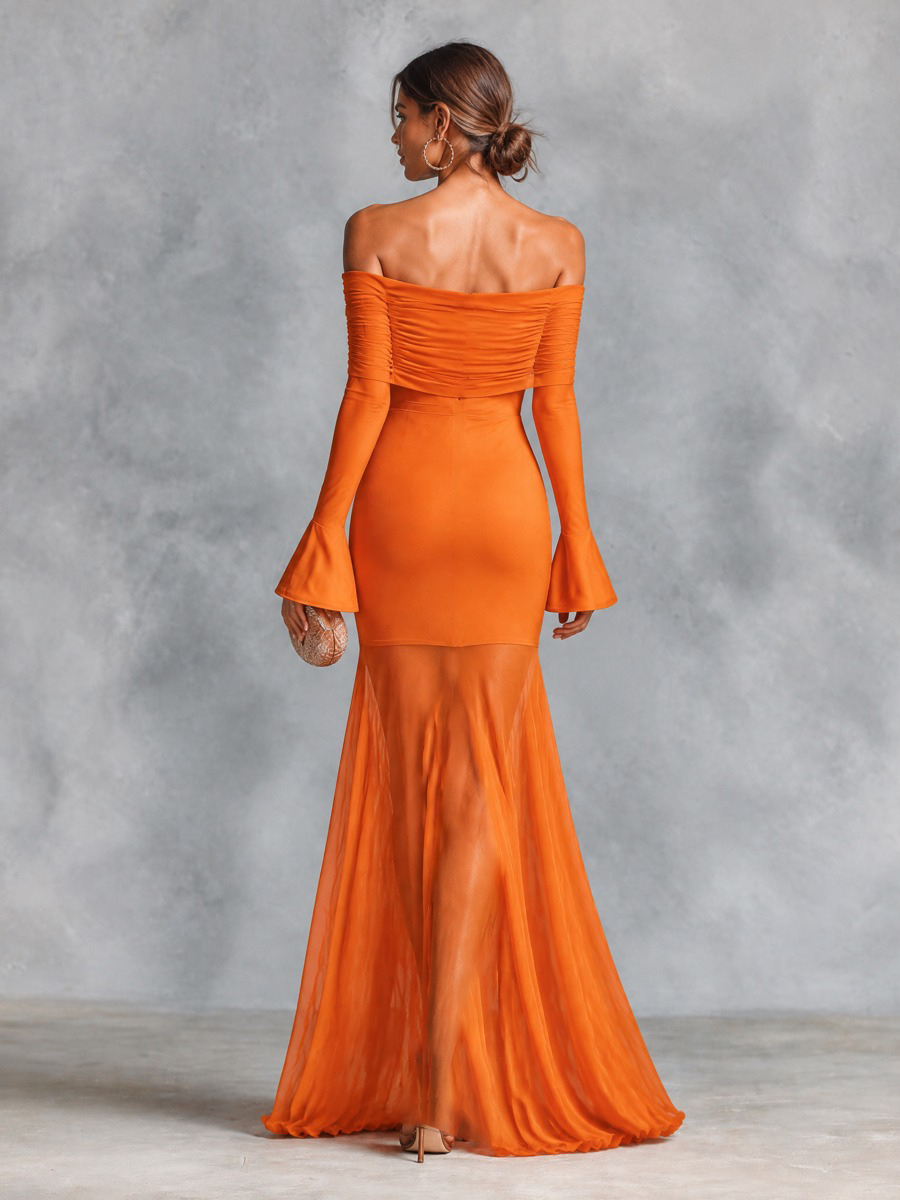 Women's Off-Shoulder Ruched Bell Sleeve Maxi Dress with Thigh Slit