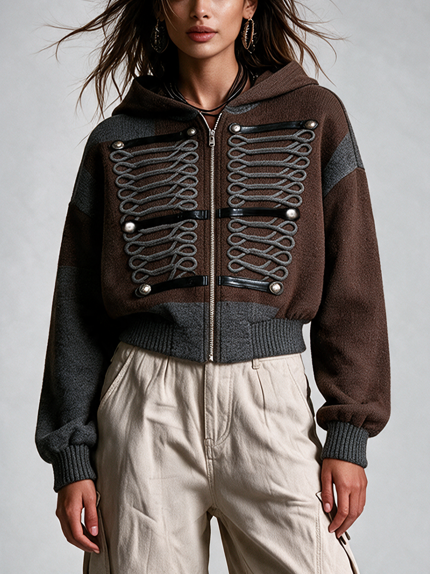 Women's Color Block Hooded Knit Zip Jacket With Braided Decor