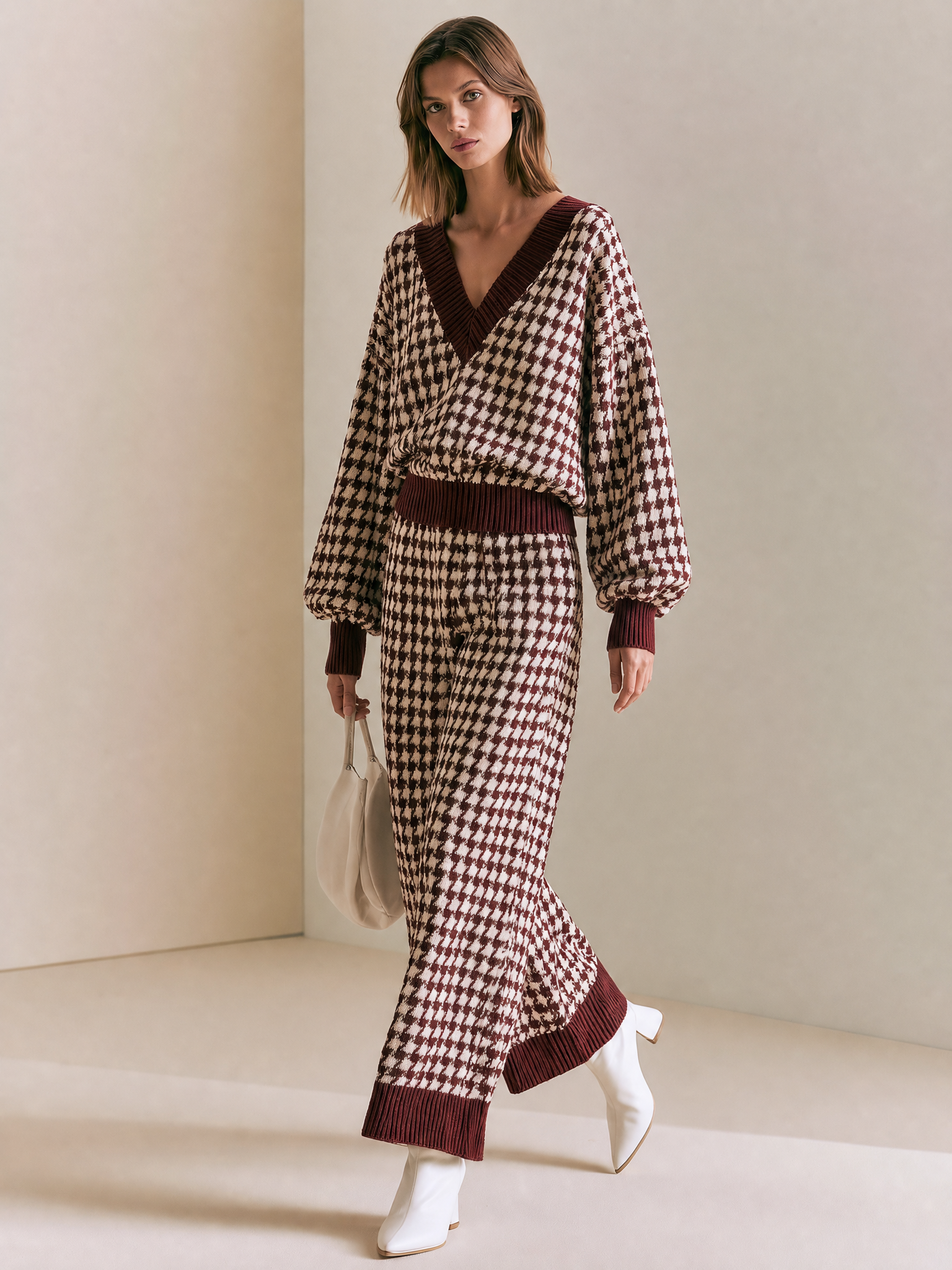 Women's Houndstooth V-Neck Balloon-Sleeve Burgundy Sweater