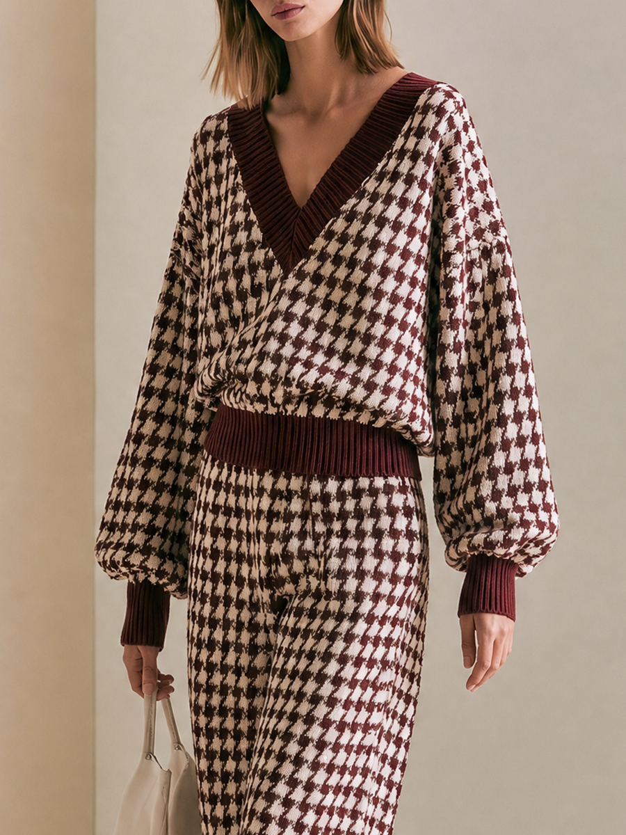 Women's Houndstooth V-Neck Balloon-Sleeve Burgundy Sweater