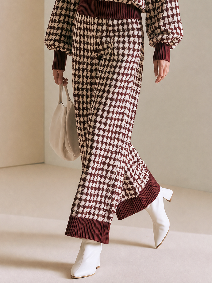 Women's Houndstooth Ribbed Trim Burgundy Set