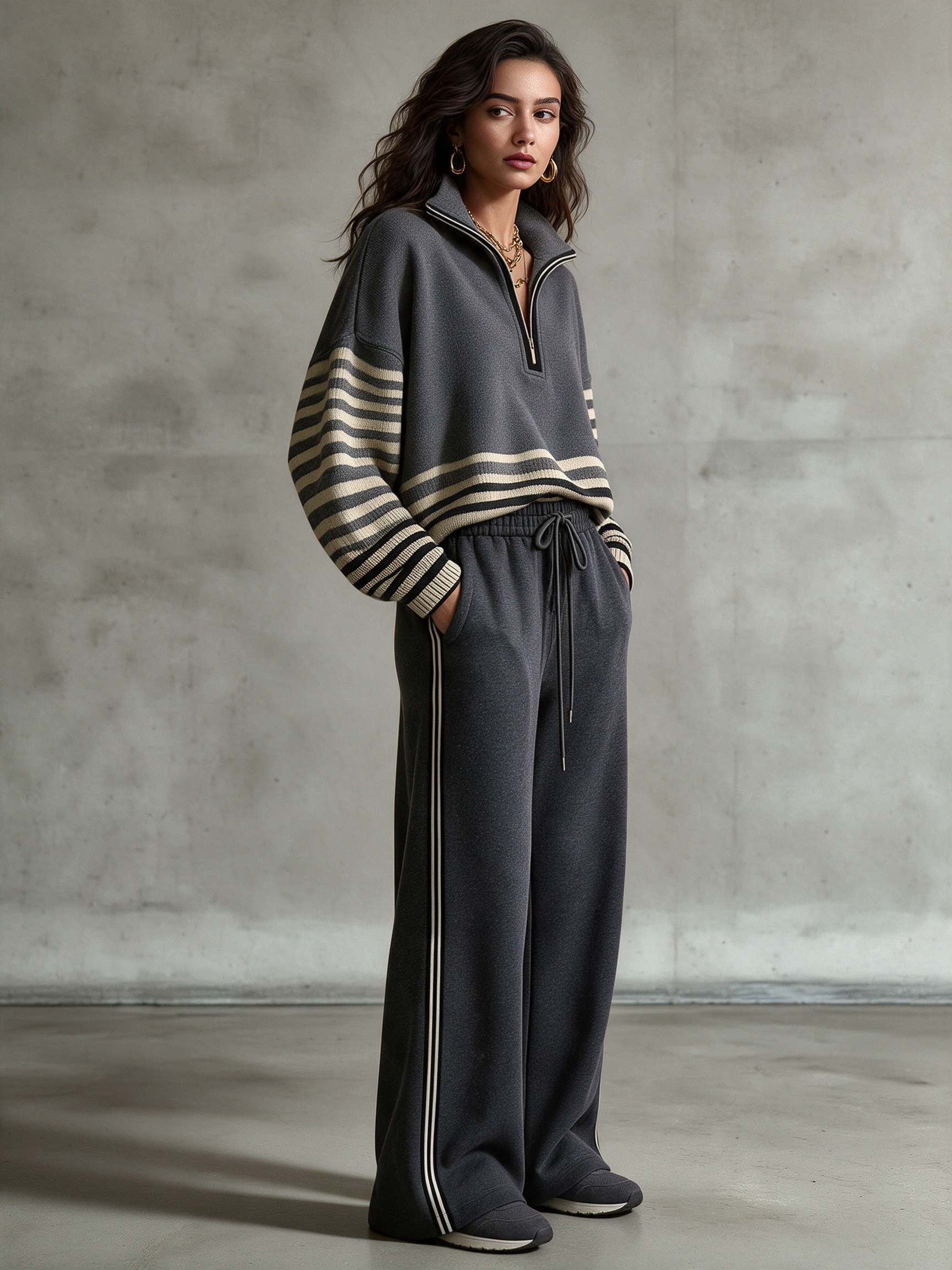 Women's Half-Zip Stripe Panel Sweatshirt & Wide-Leg Pant Set