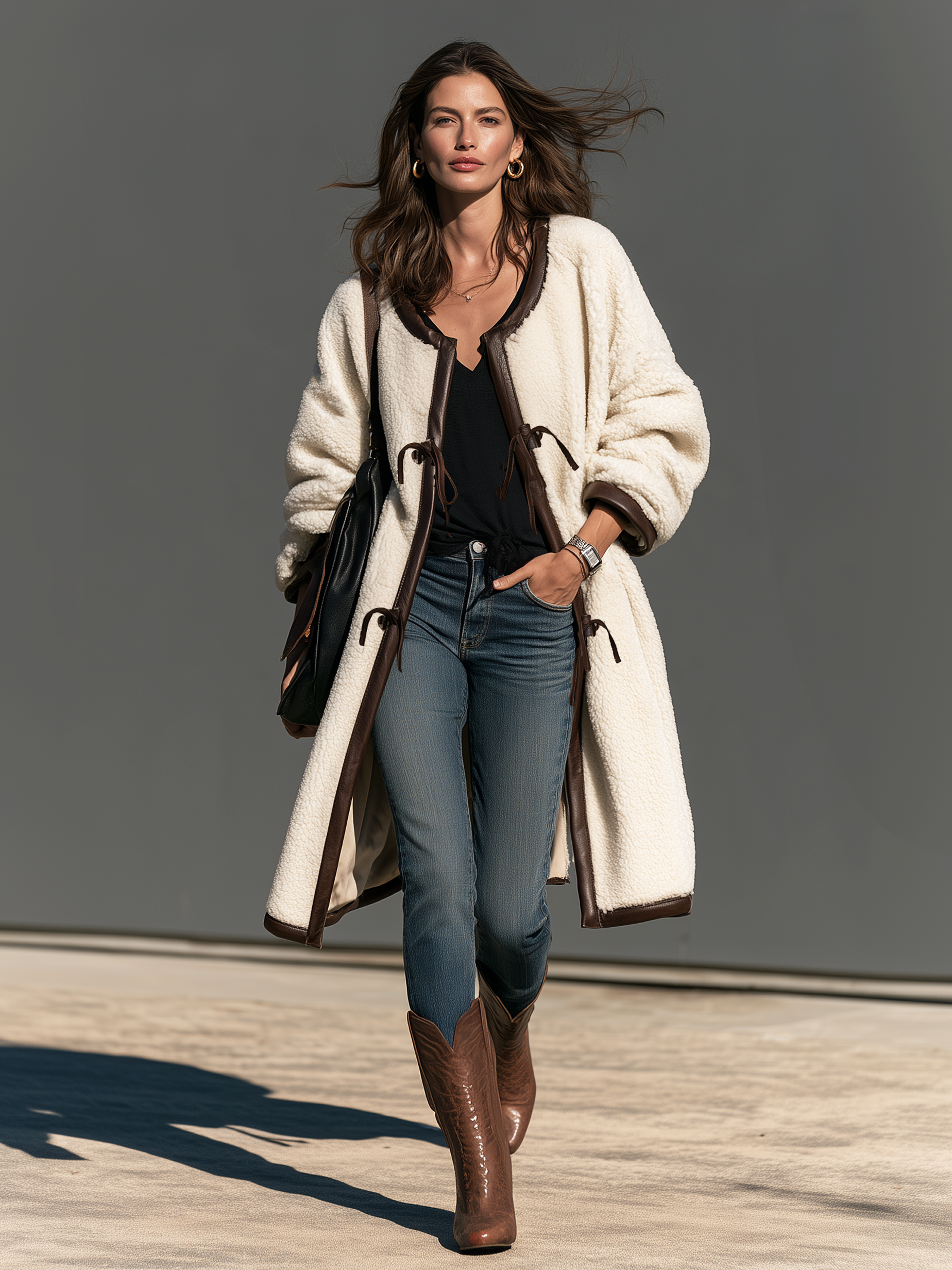 Women's Casual Off-White Fleece And Leather Panel Long-Sleeve Jacket