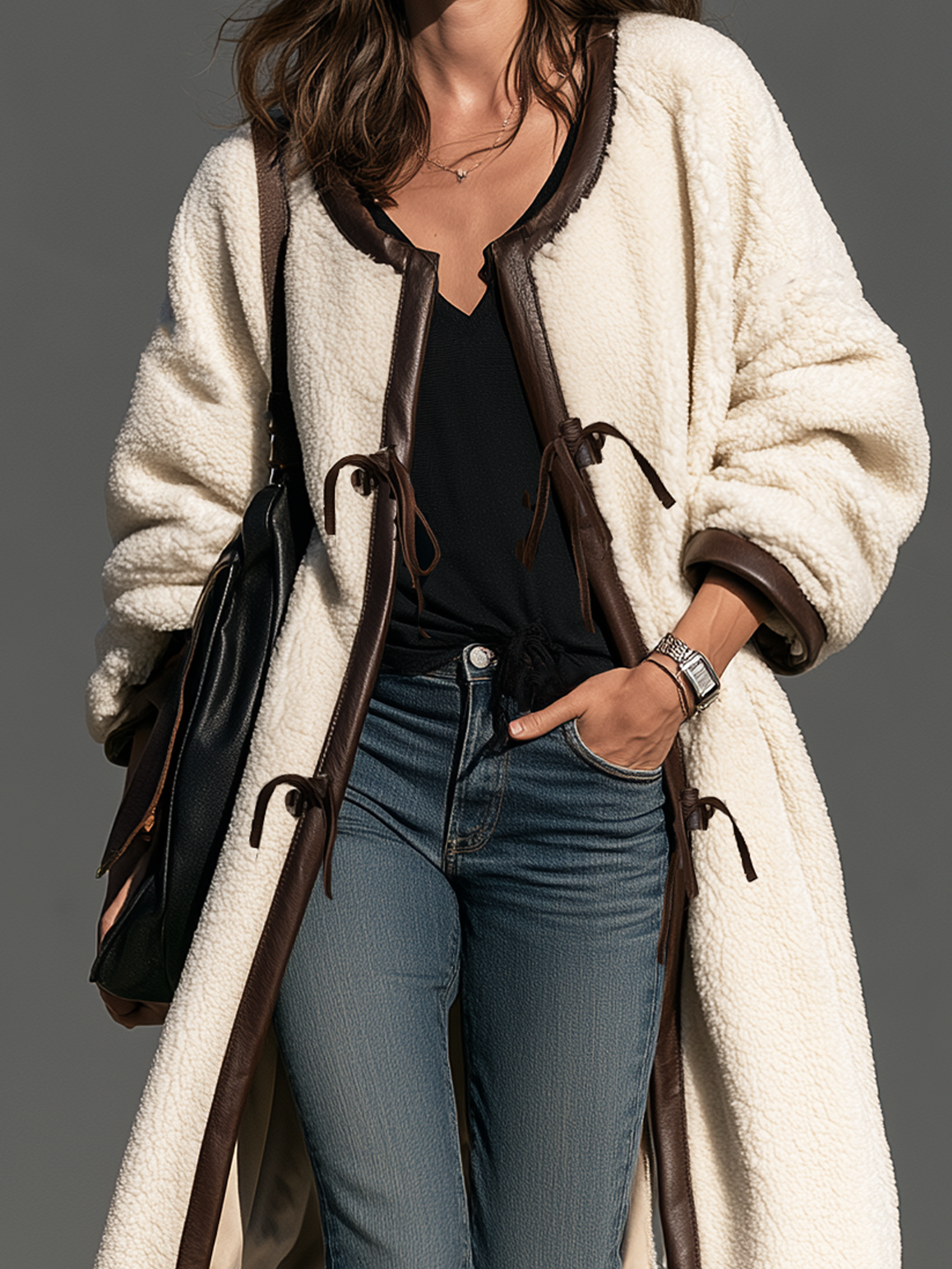 Women's Casual Off-White Fleece And Leather Panel Long-Sleeve Jacket