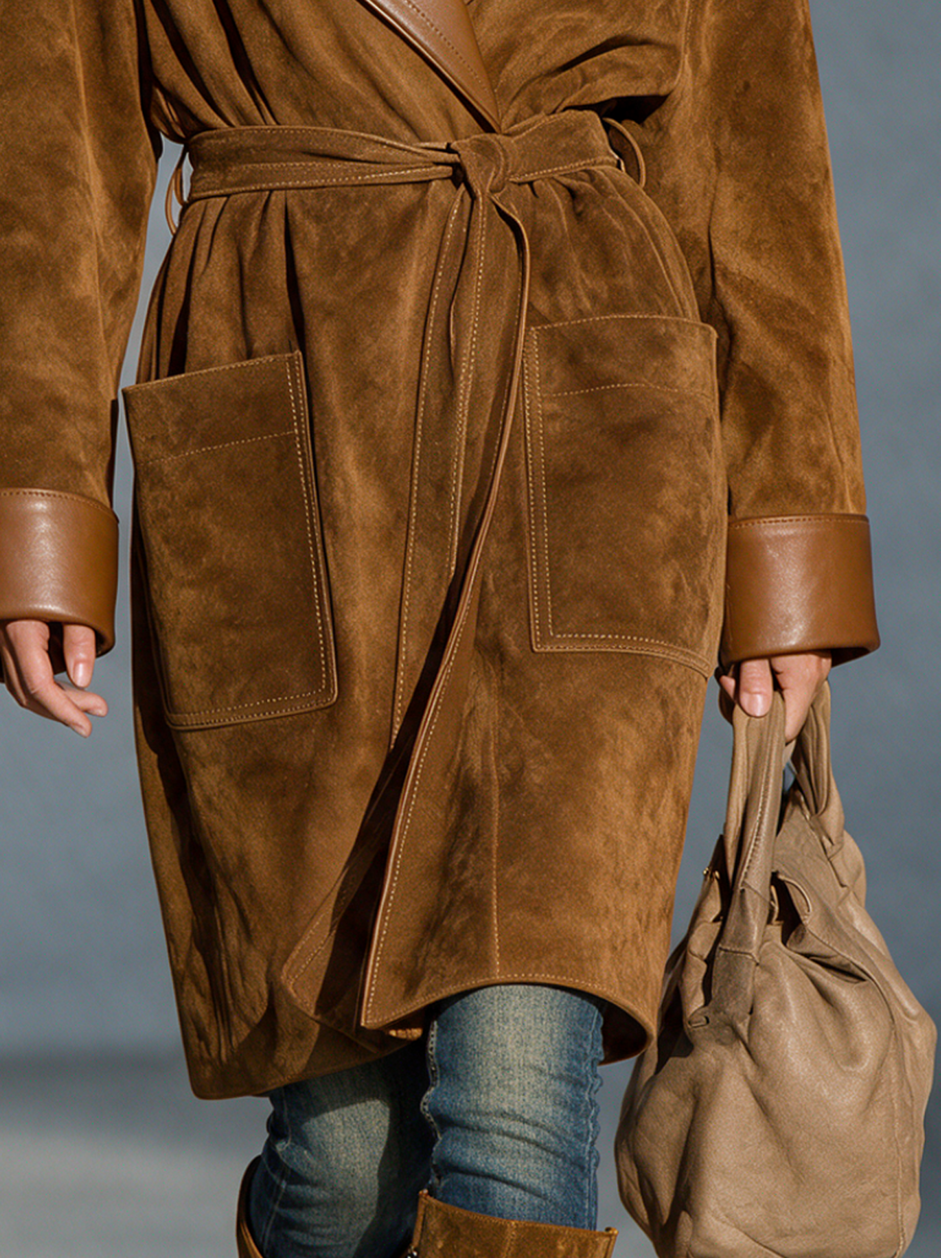 Women's Vintage-style Suede Coat With Leather-look Lapel And Paneling