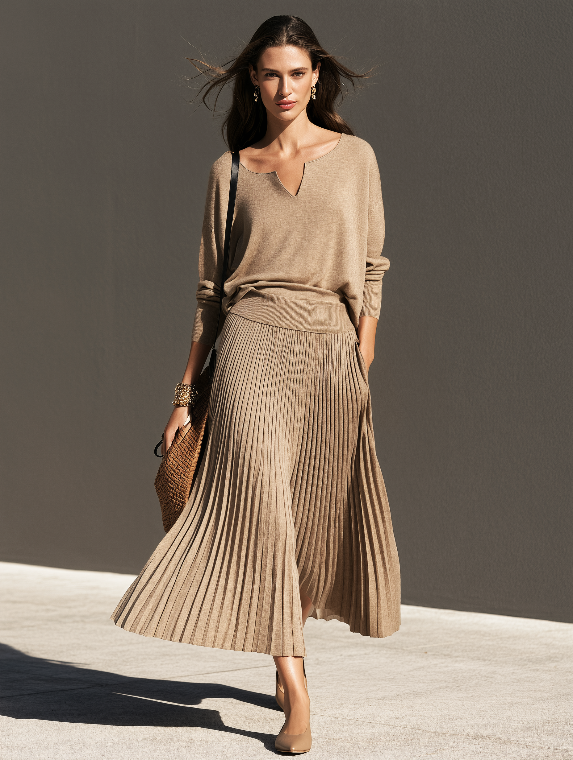 Women's Casual Khaki Stretch Knit Long-Sleeve Top And Skirt Two-Piece Set
