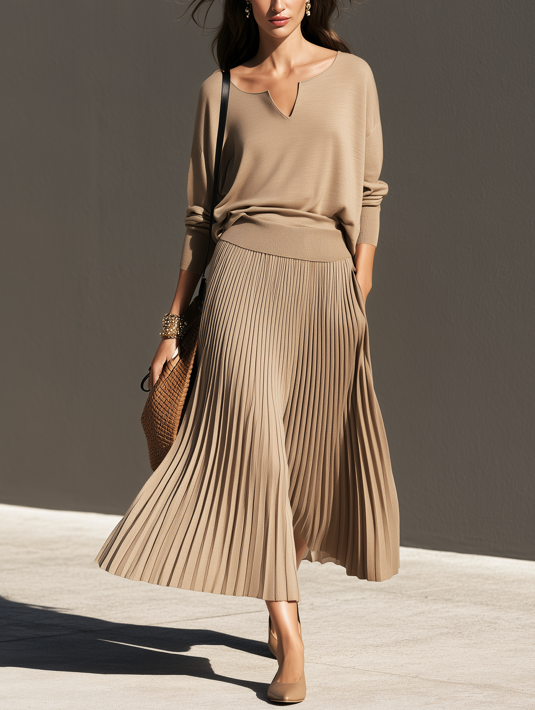 Women's Casual Khaki Stretch Knit Long-Sleeve Top And Skirt Two-Piece Set