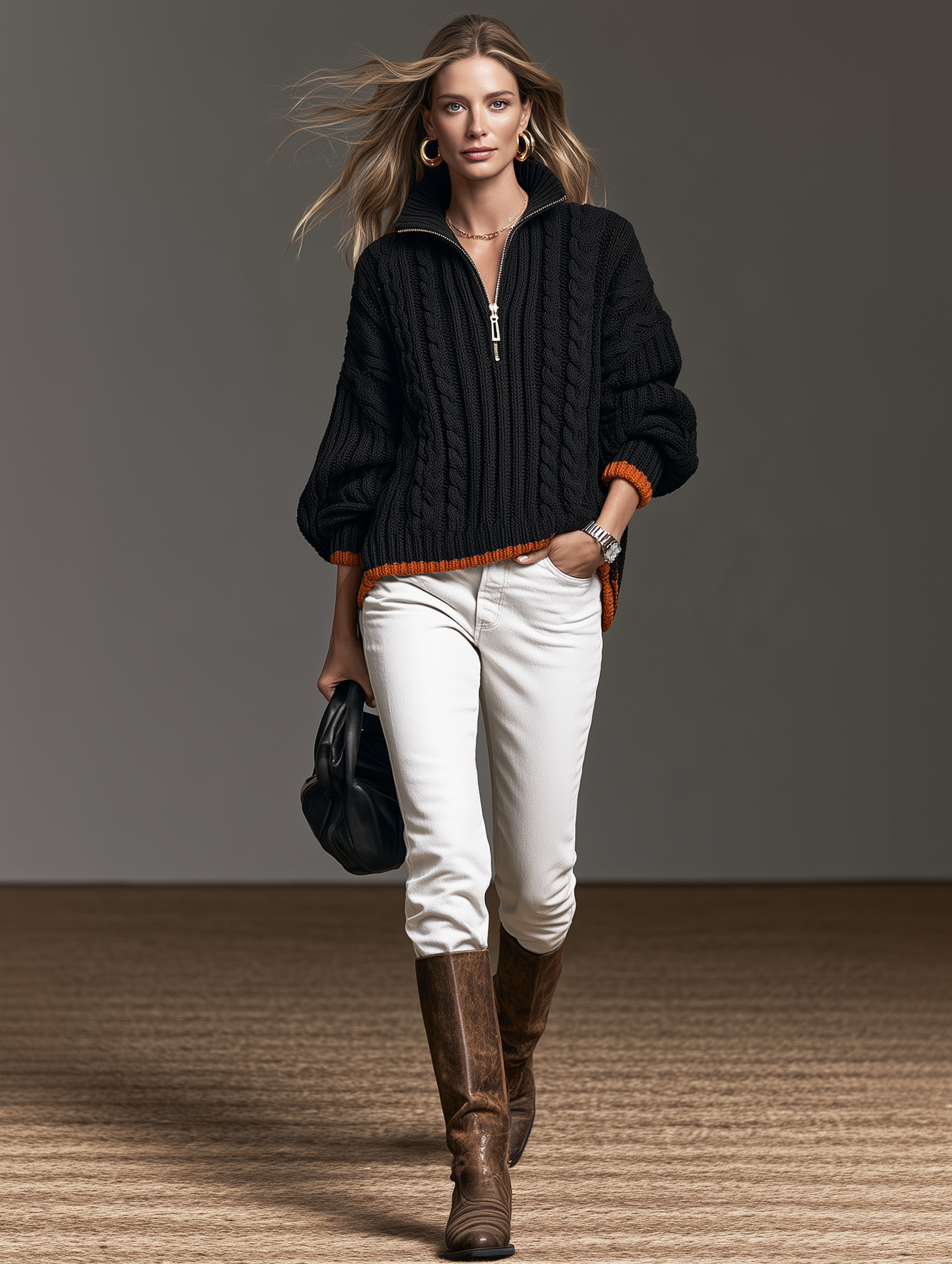 Women's Casual Black And Orange Long-Sleeve Knit Sweater With Half-Zip Collar