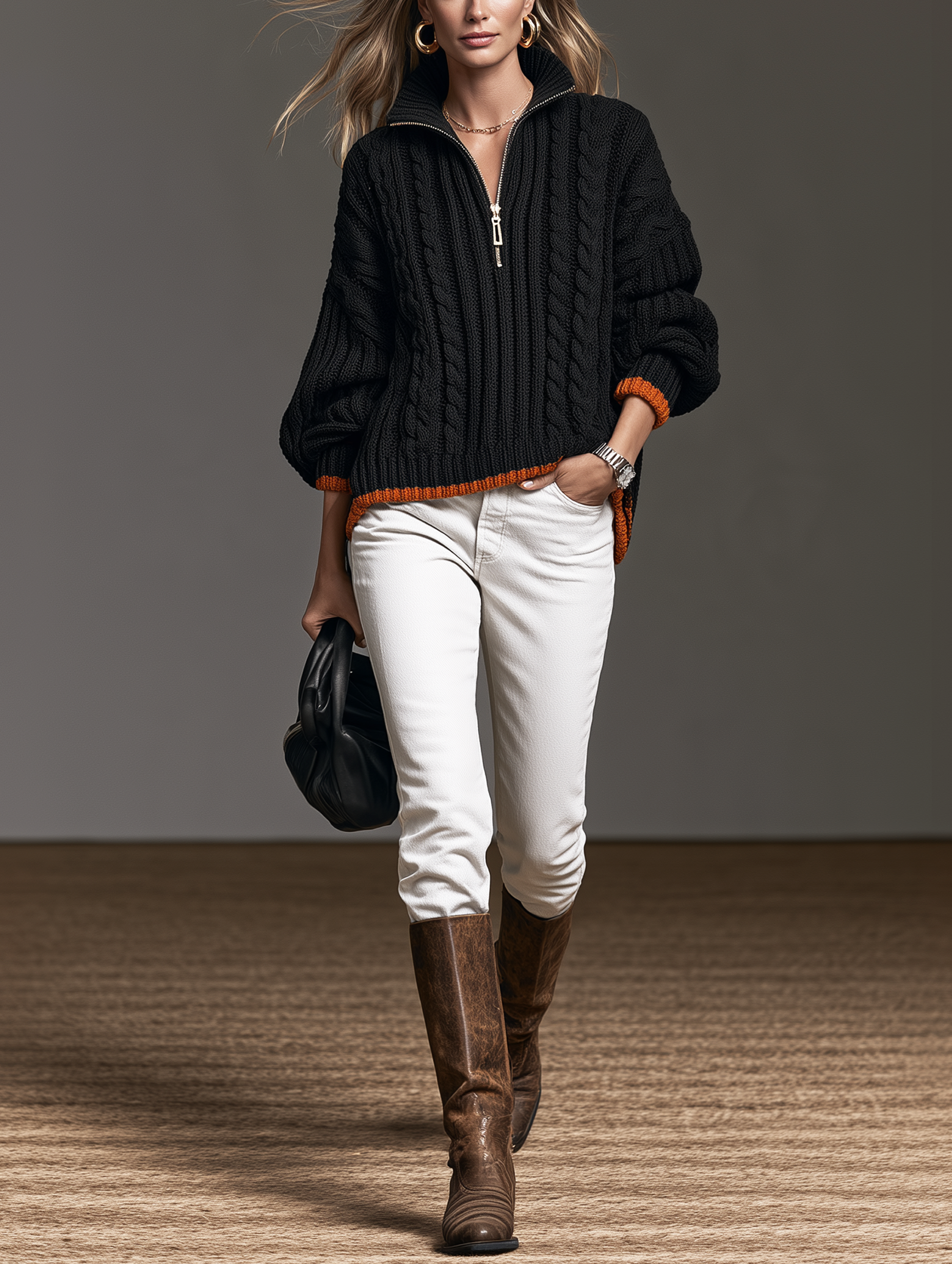 Women's Casual Black And Orange Long-Sleeve Knit Sweater With Half-Zip Collar