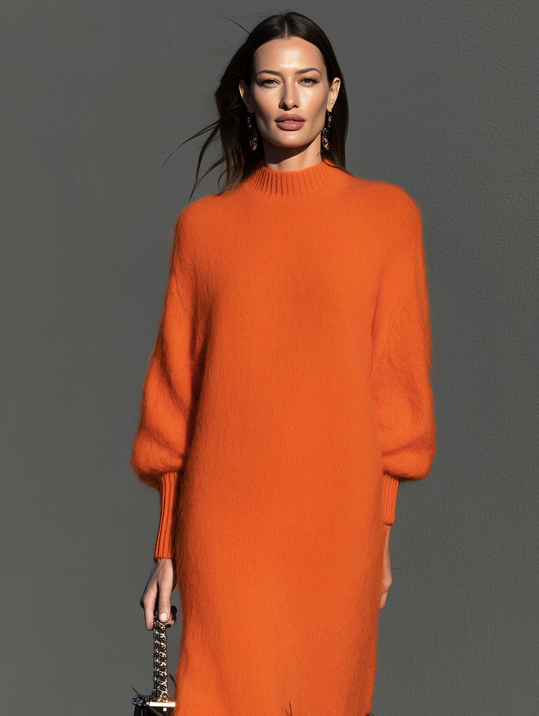 Women's Casual Orange Long-Sleeve Maxi Dress With Knit And Faux Ostrich Feather Paneling