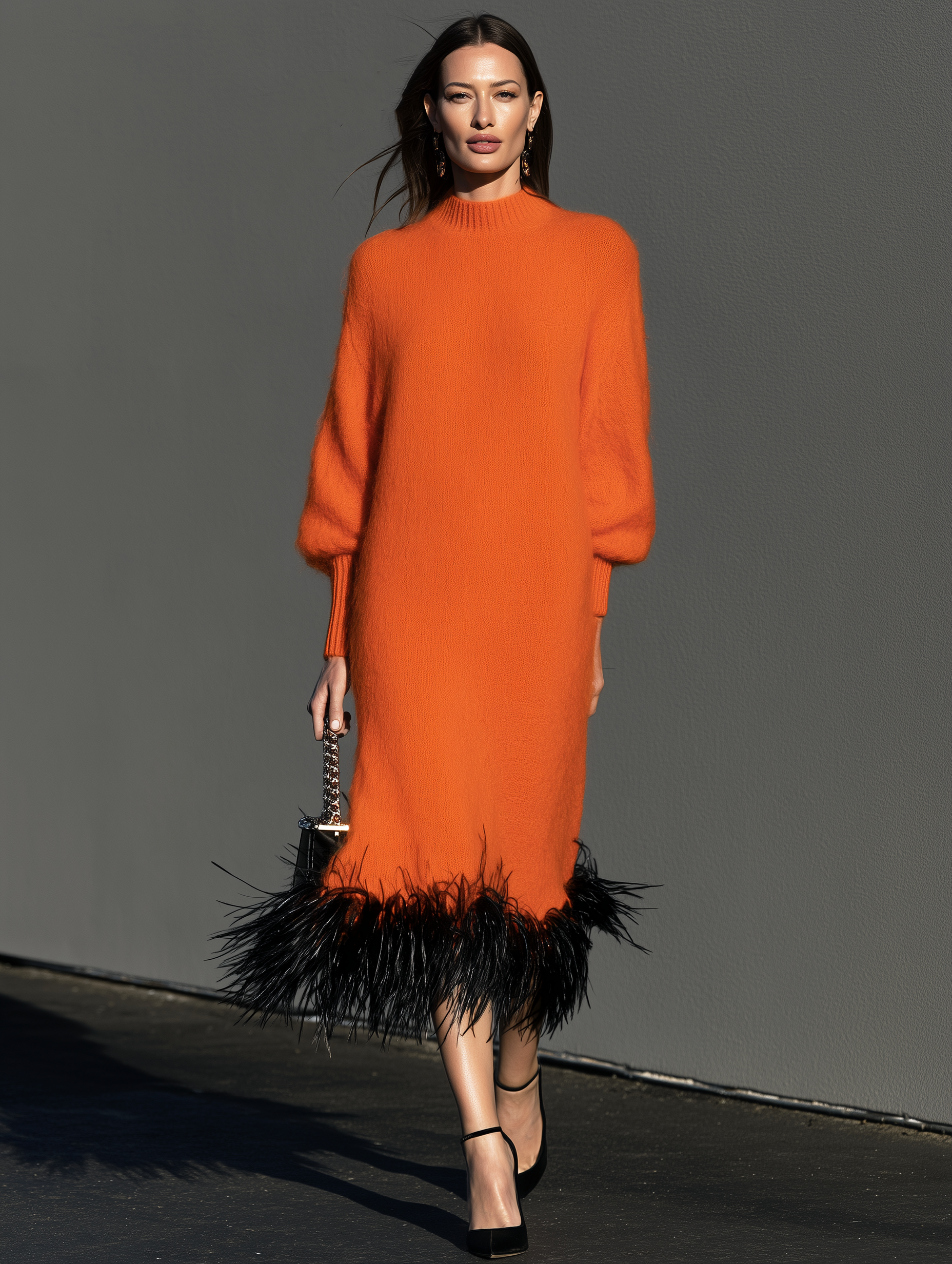 Women's Casual Orange Long-Sleeve Maxi Dress With Knit And Faux Ostrich Feather Paneling