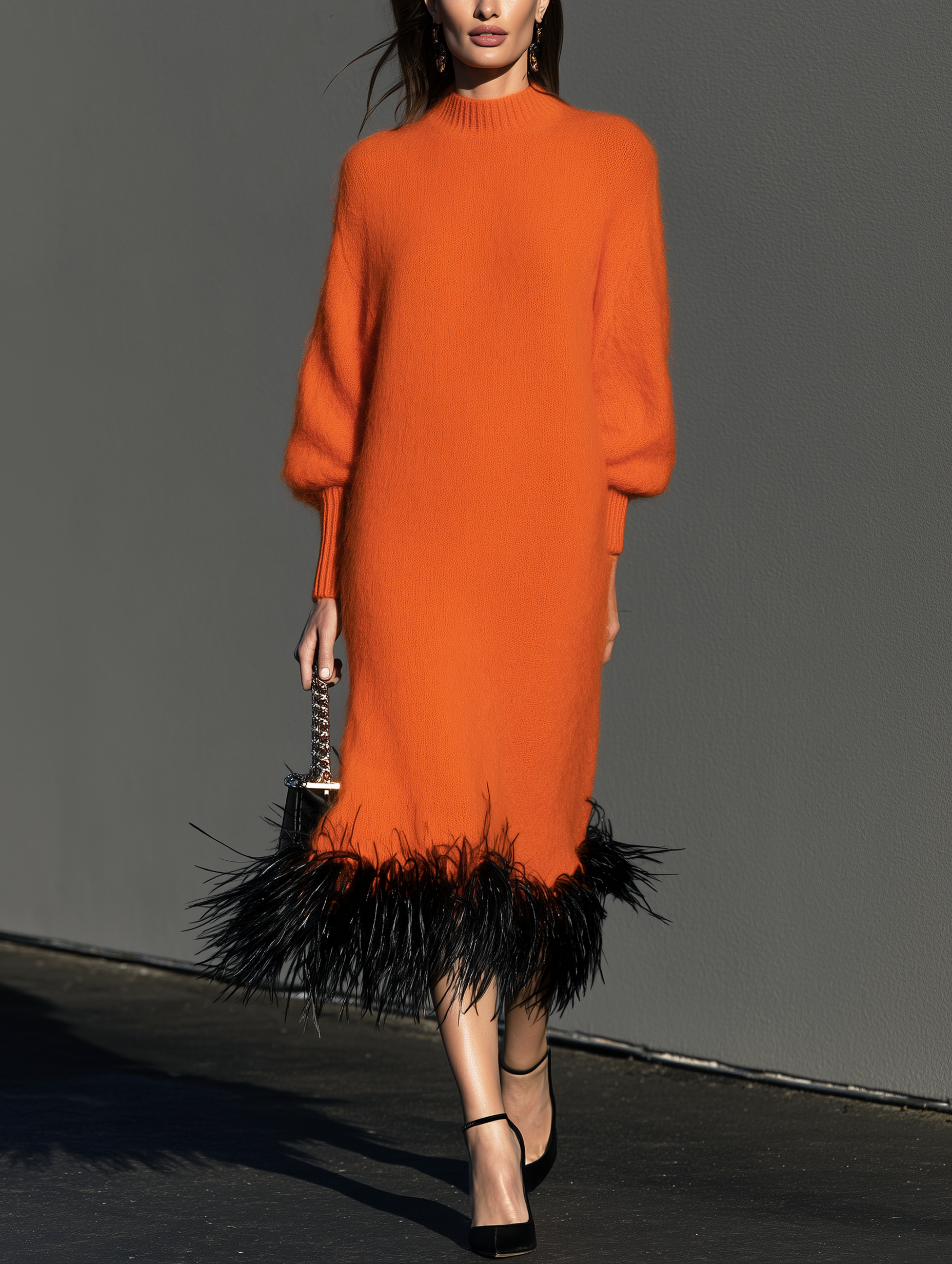 Women's Casual Orange Long-Sleeve Maxi Dress With Knit And Faux Ostrich Feather Paneling