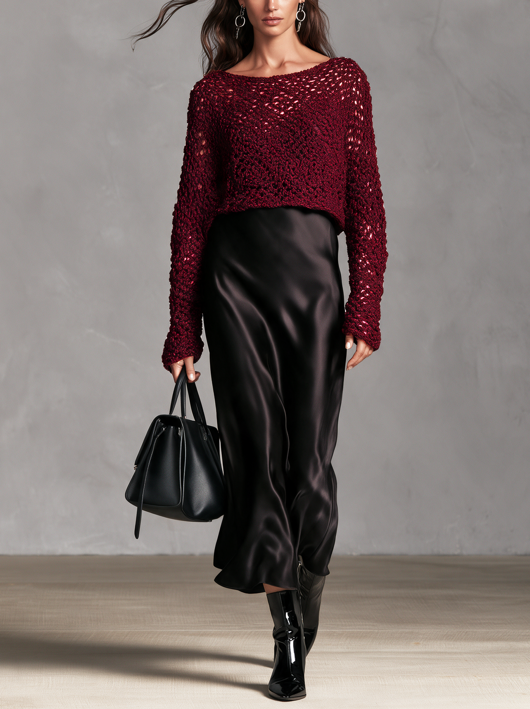 Women's Casual Two-piece Set Featuring A Red Long-sleeved Knit Sweater And A Black Satin Camisole Maxi Dress.