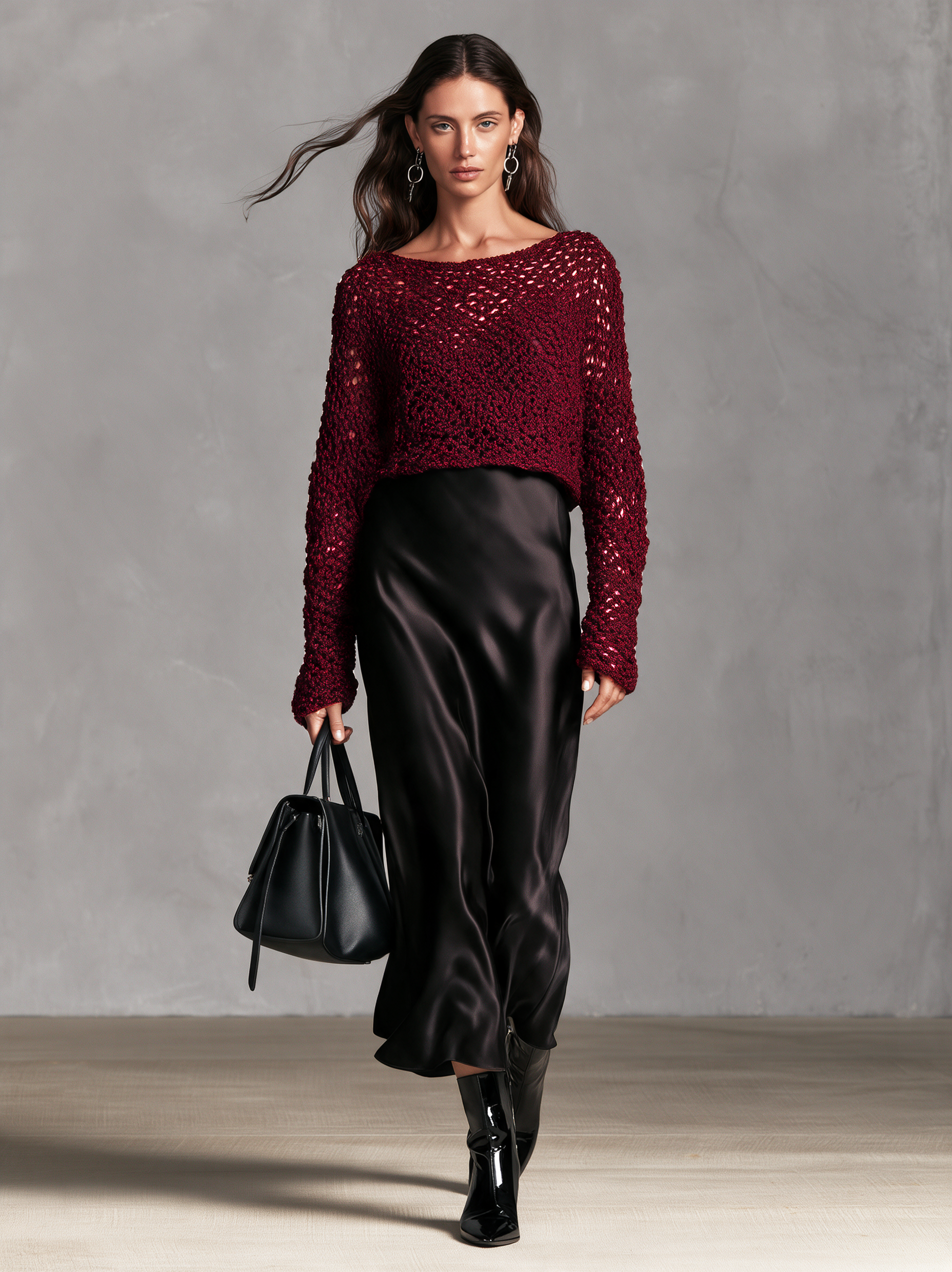 Women's Casual Two-piece Set Featuring A Red Long-sleeved Knit Sweater And A Black Satin Camisole Maxi Dress.