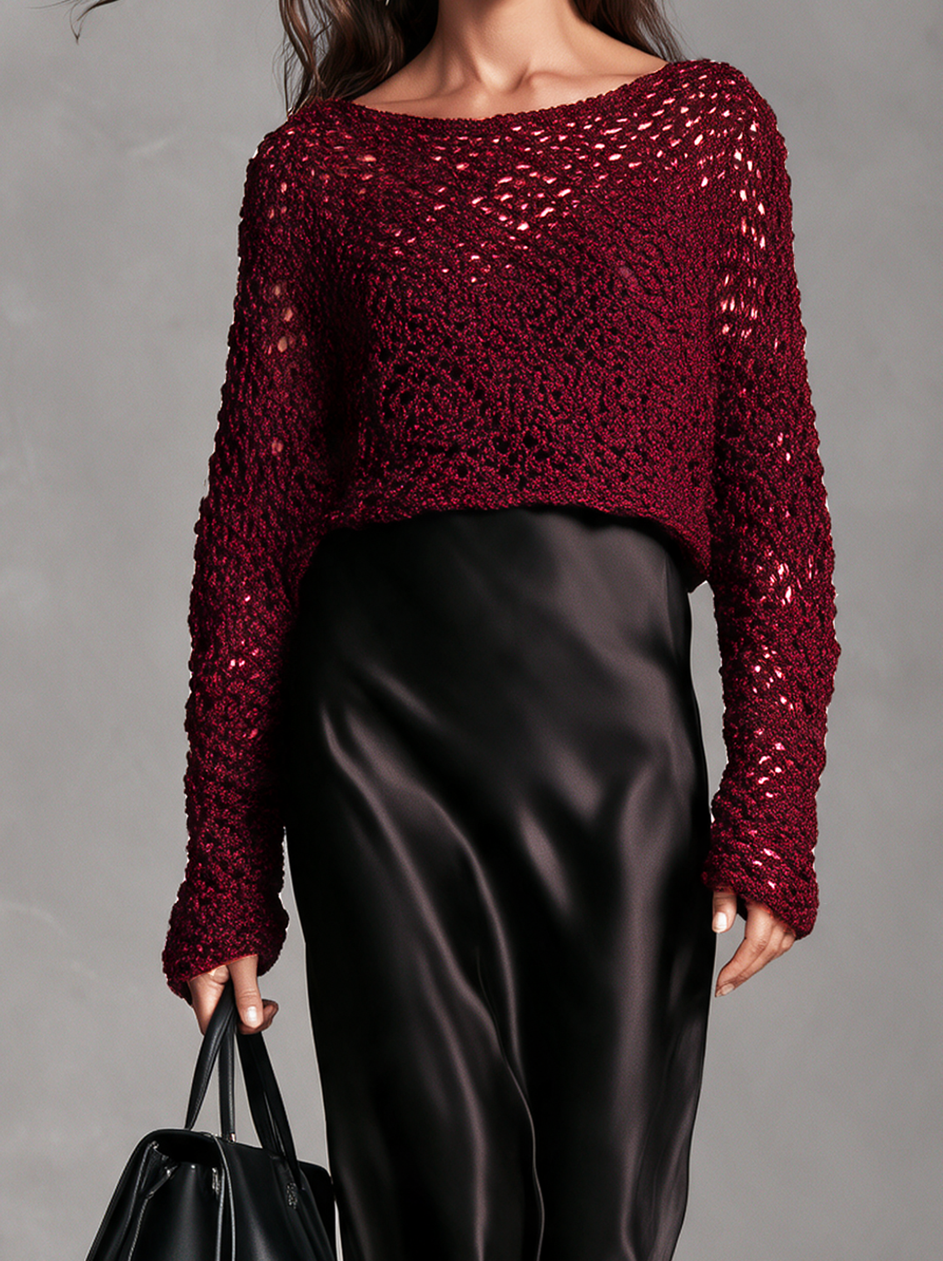 Women's Casual Two-piece Set Featuring A Red Long-sleeved Knit Sweater And A Black Satin Camisole Maxi Dress.