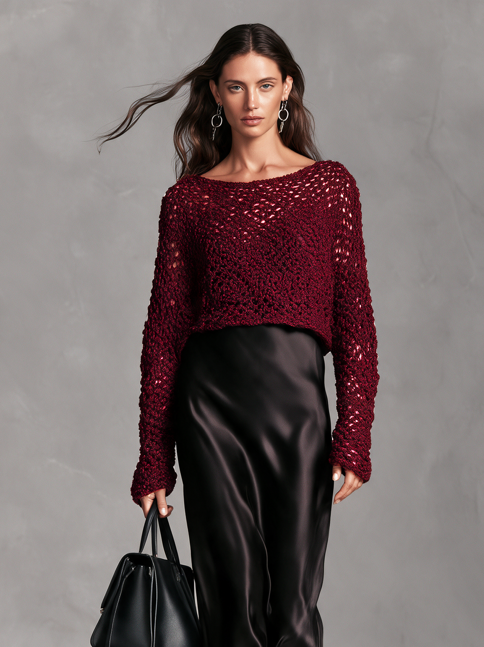 Women's Casual Two-piece Set Featuring A Red Long-sleeved Knit Sweater And A Black Satin Camisole Maxi Dress.