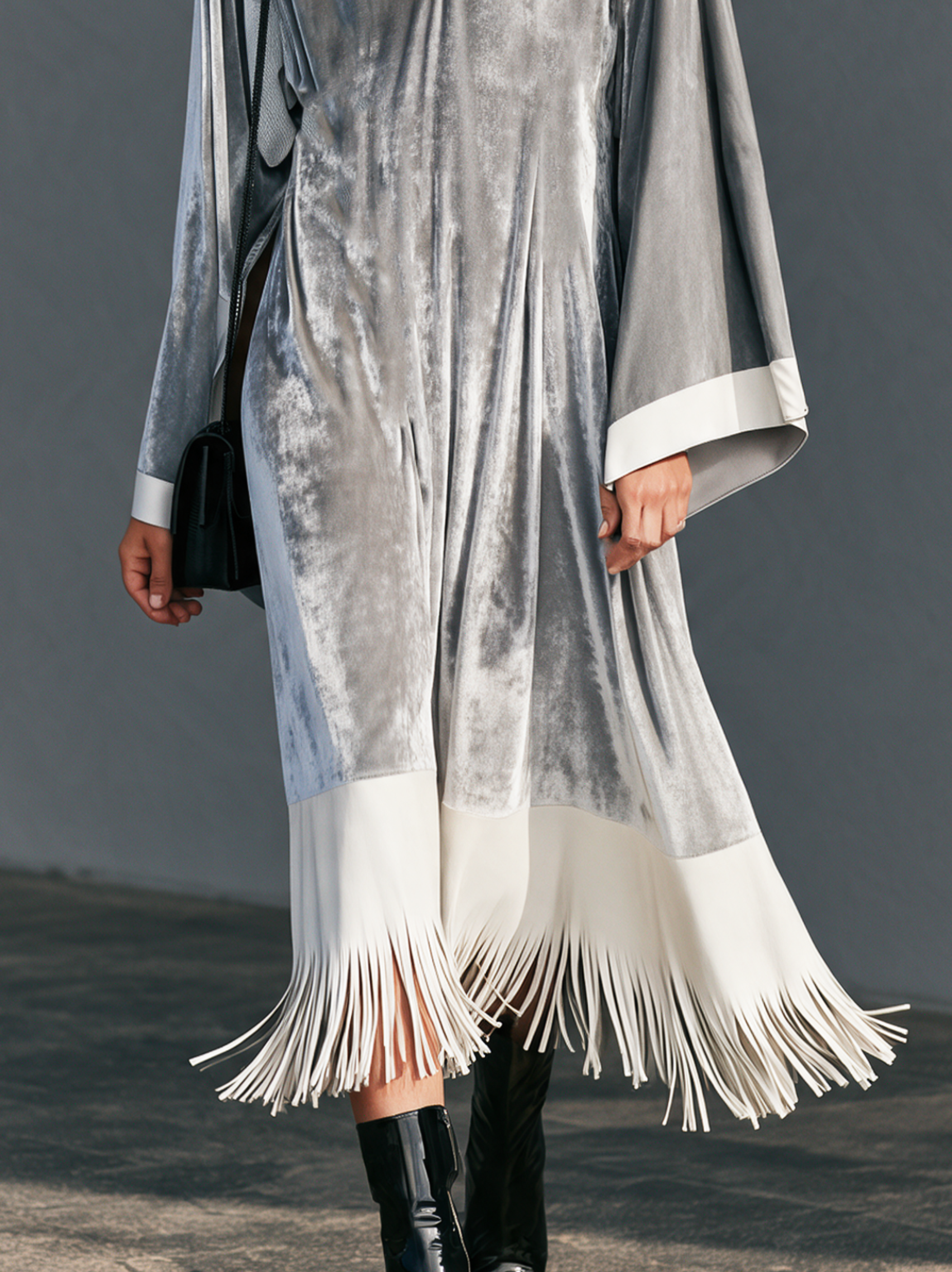 Women's Casual Grey Long-Sleeve Maxi Dress With Velvet, Leather, And Tassel Details And V-Neck