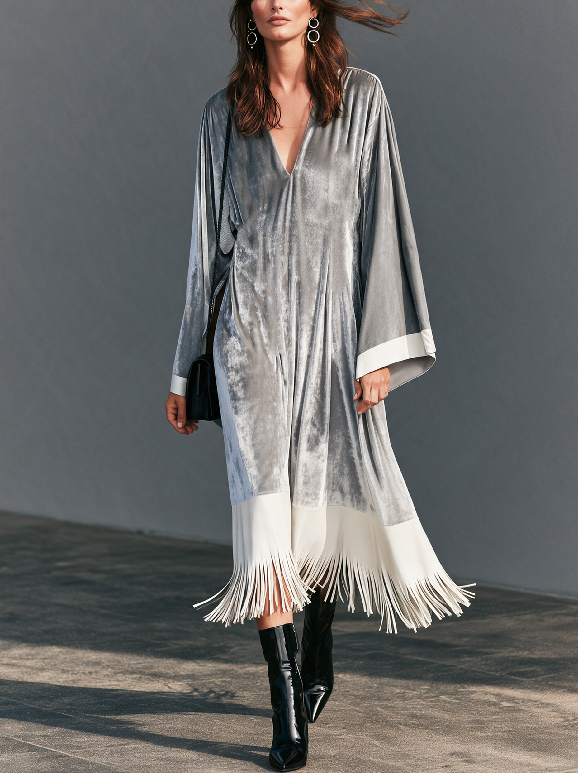 Women's Casual Grey Long-Sleeve Maxi Dress With Velvet, Leather, And Tassel Details And V-Neck