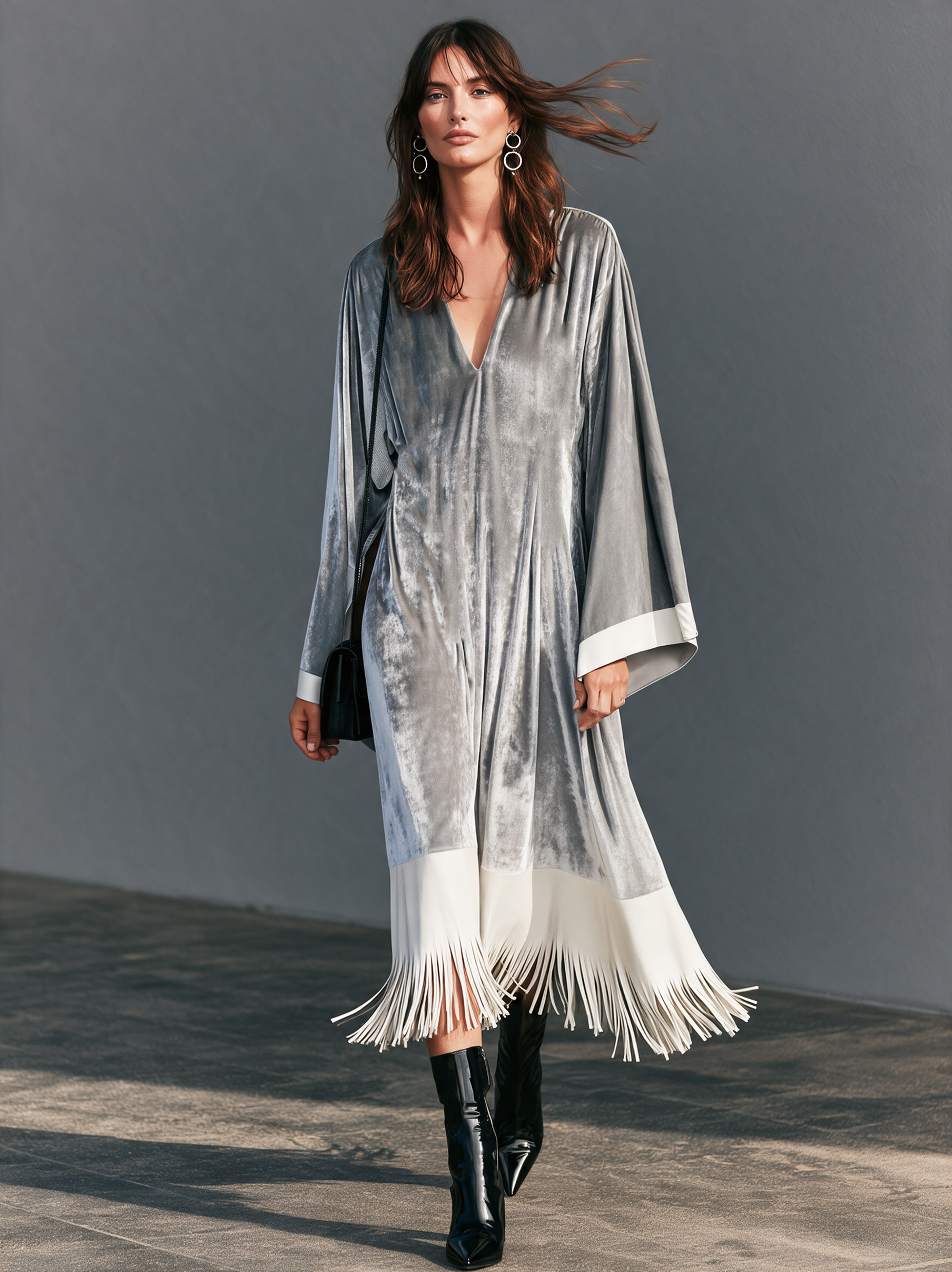 Women's Casual Grey Long-Sleeve Maxi Dress With Velvet, Leather, And Tassel Details And V-Neck