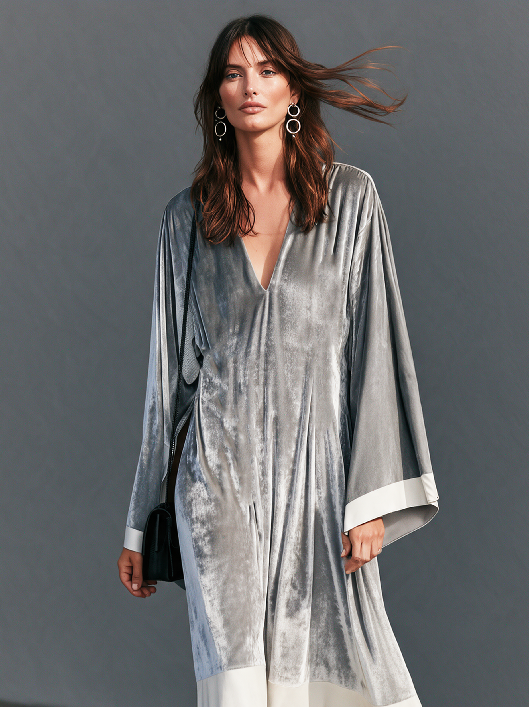 Women's Casual Grey Long-Sleeve Maxi Dress With Velvet, Leather, And Tassel Details And V-Neck