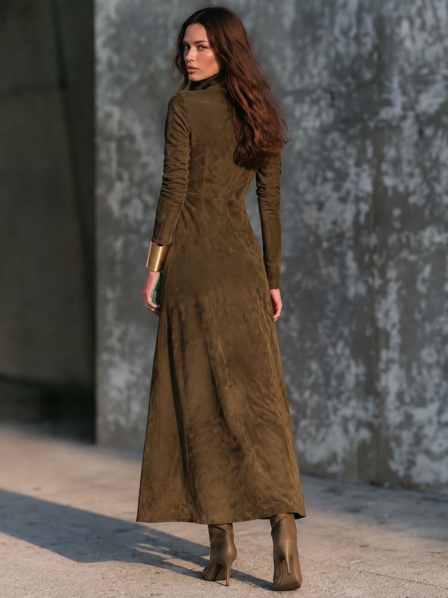 Women's Vintage-style Suede Funnel-neck Maxi Dress