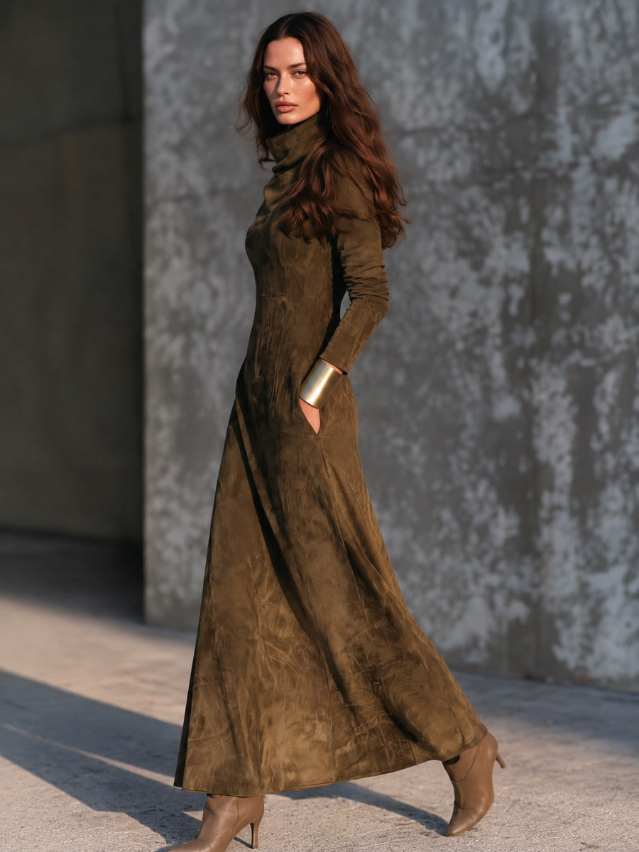 Women's Vintage-style Suede Funnel-neck Maxi Dress