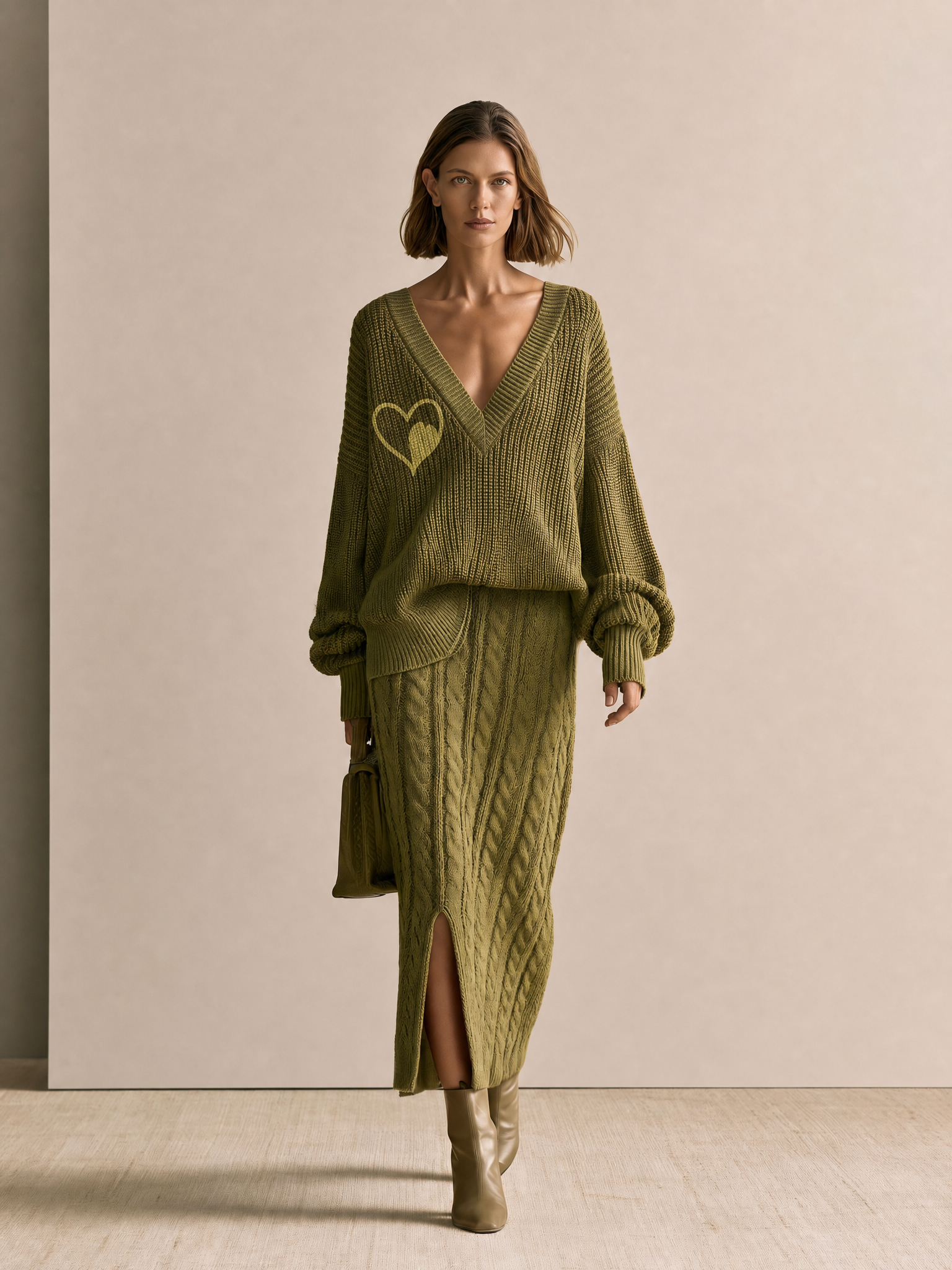 Women's Oversized V-Neck Heart Embroidery Sweater & Cable Knit Midi Skirt Set