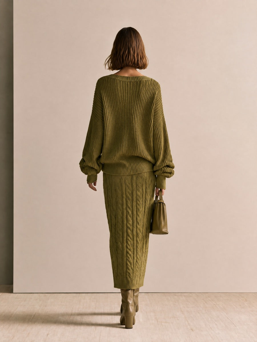 Women's Oversized V-Neck Heart Embroidery Sweater & Cable Knit Midi Skirt Set