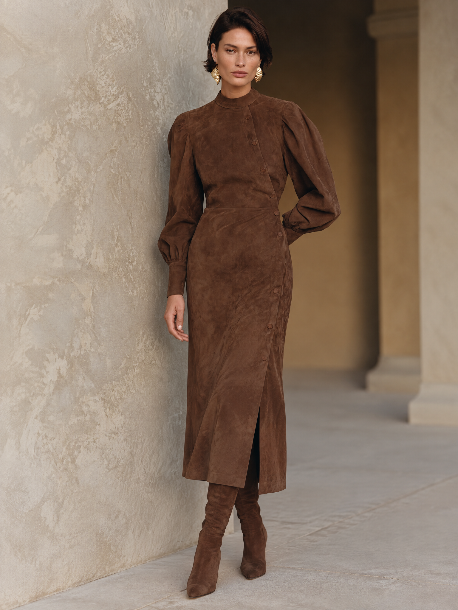 Women's Vintage Suede Asymmetric Button-Front Midi Dress With Balloon Sleeves