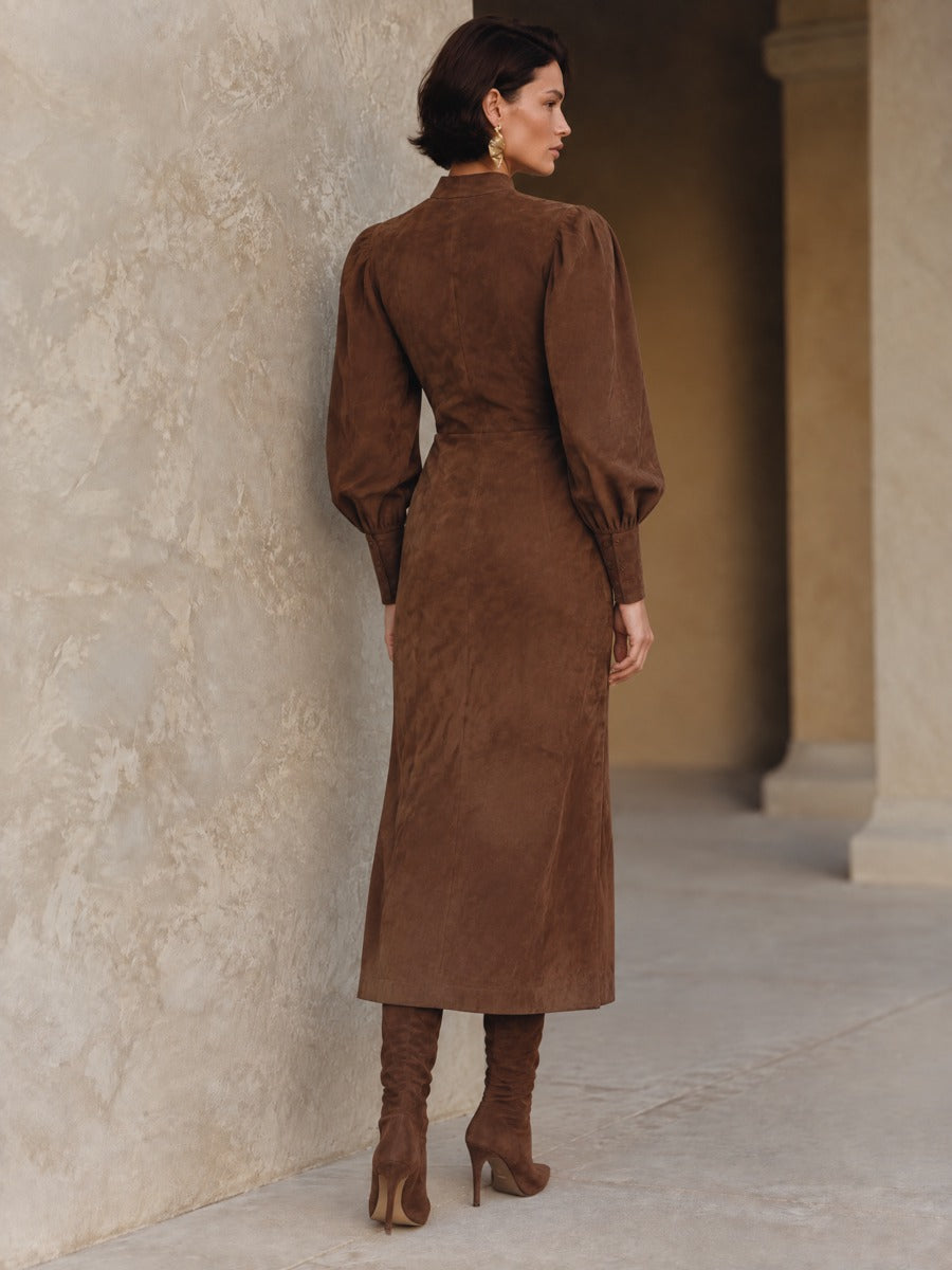 Women's Vintage Suede Asymmetric Button-Front Midi Dress With Balloon Sleeves
